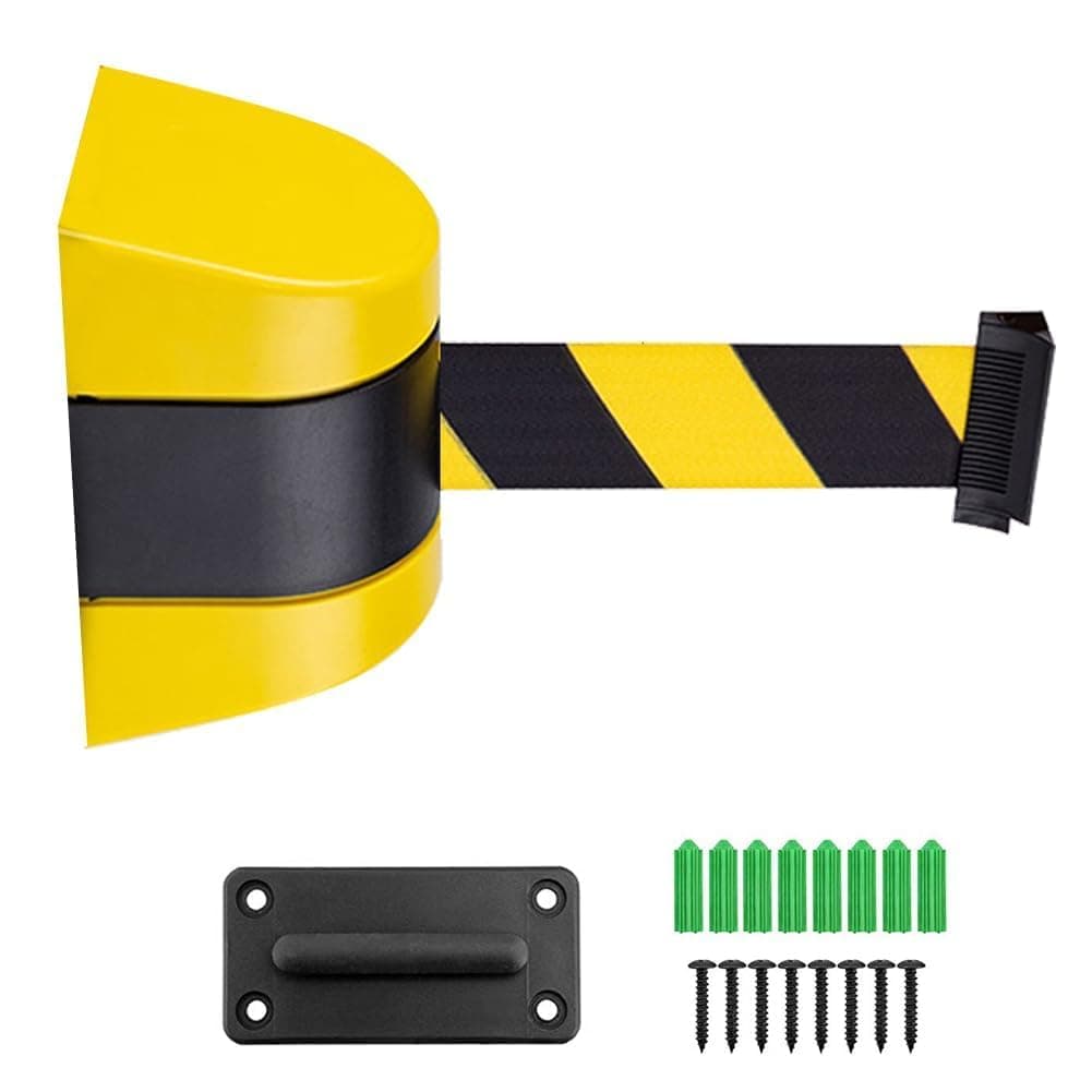 Wall Mount Queue Belt Barrier Retractable, 3M Crowd Control Wall Barrier, Fixed Safety Cordon Barrier, Queuing Safety Tape Cordon, Airports, Banks, School (Black and Yellow)