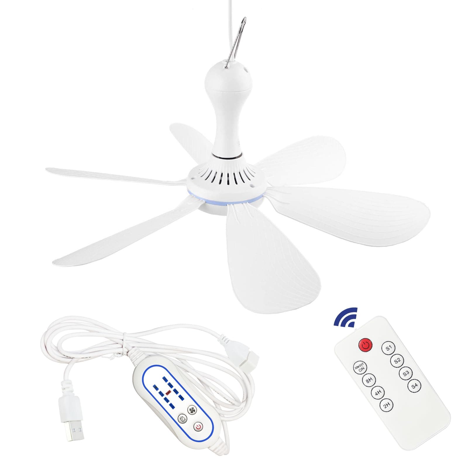 Silent USB Powered Ceiling Fan with Remote Control Timing 4 Speed, Quiet Small DC Plug in Ceiling Fan Hanging Fan for Camping Bed RV Tent Canopy Room