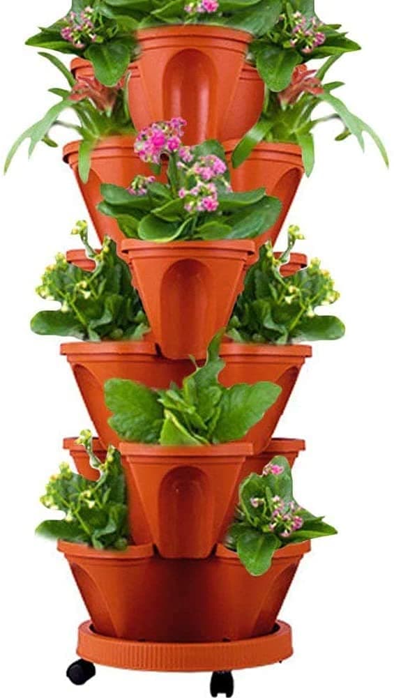6-Layer Stand Stacking Flower Pots Strawberry Planting Pots,Stackable Vertical Planter Butterfly Pot,Strawberry and Herb Garden Planter Tower with Tray… (Red)