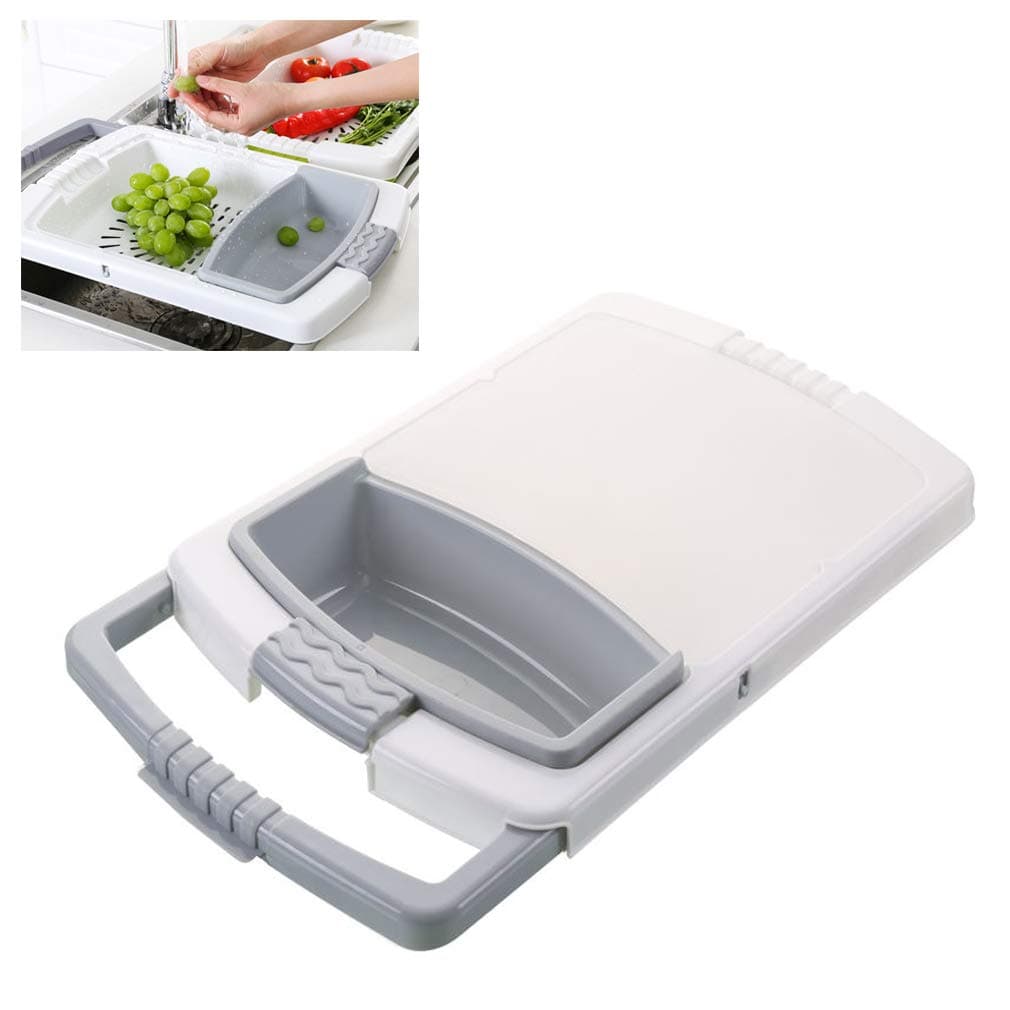 Multi-Functional Over Sink Cutting Board Fruit and Vegetable Sorting Storage 3 in 1 Removable Chopping Block with Extendable Handles(Blue Green Gray) (Gray)