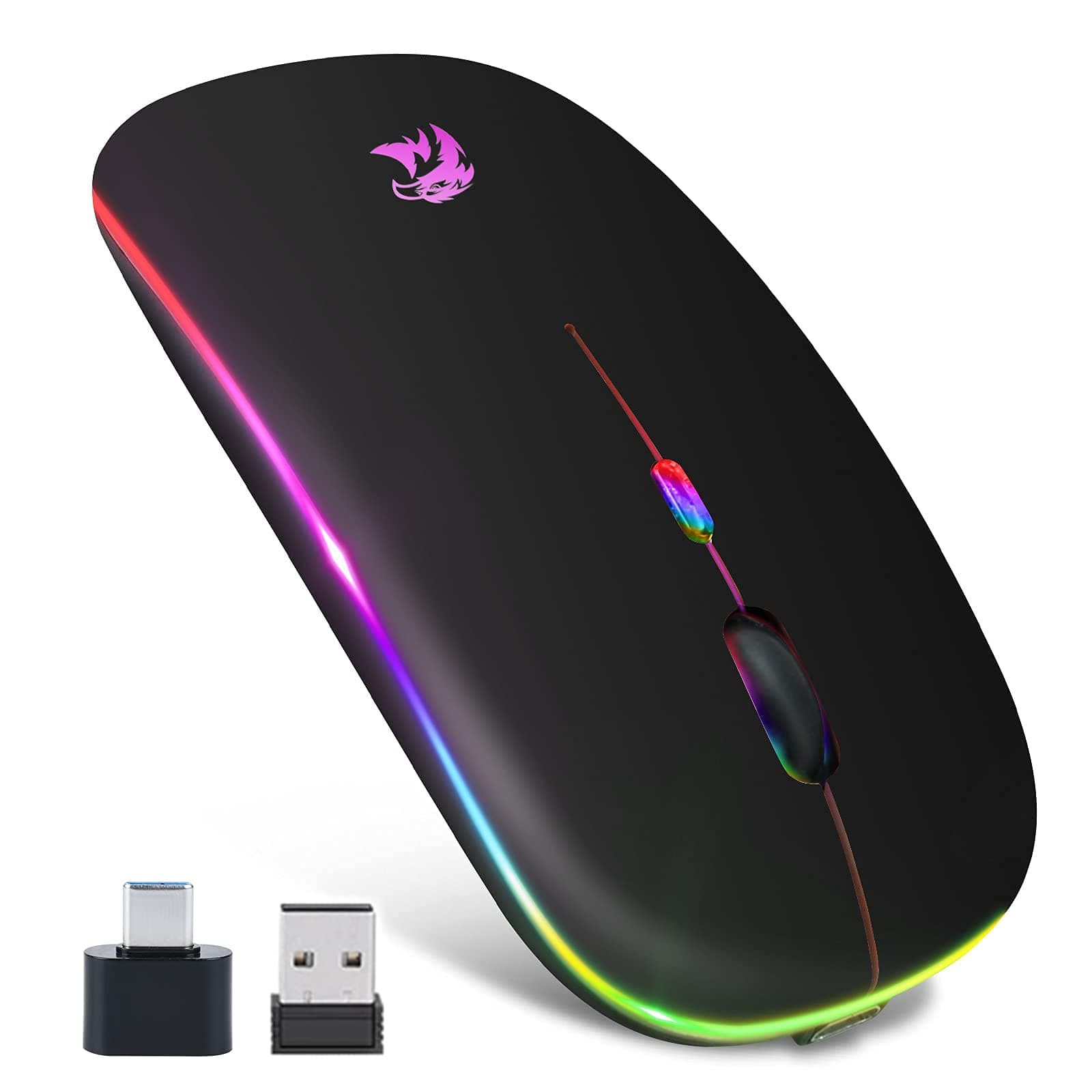 BAIBAO Wireless Mouse, Bluetooth Mouse, LED Slim Two Mode(Bluetooth and 2.4G Wireless) Rechargeable Led Mouse with USB and Type C Adapter 3 Adjustable DPI for iPad OS 13, MacBook, Laptop, Mac OS