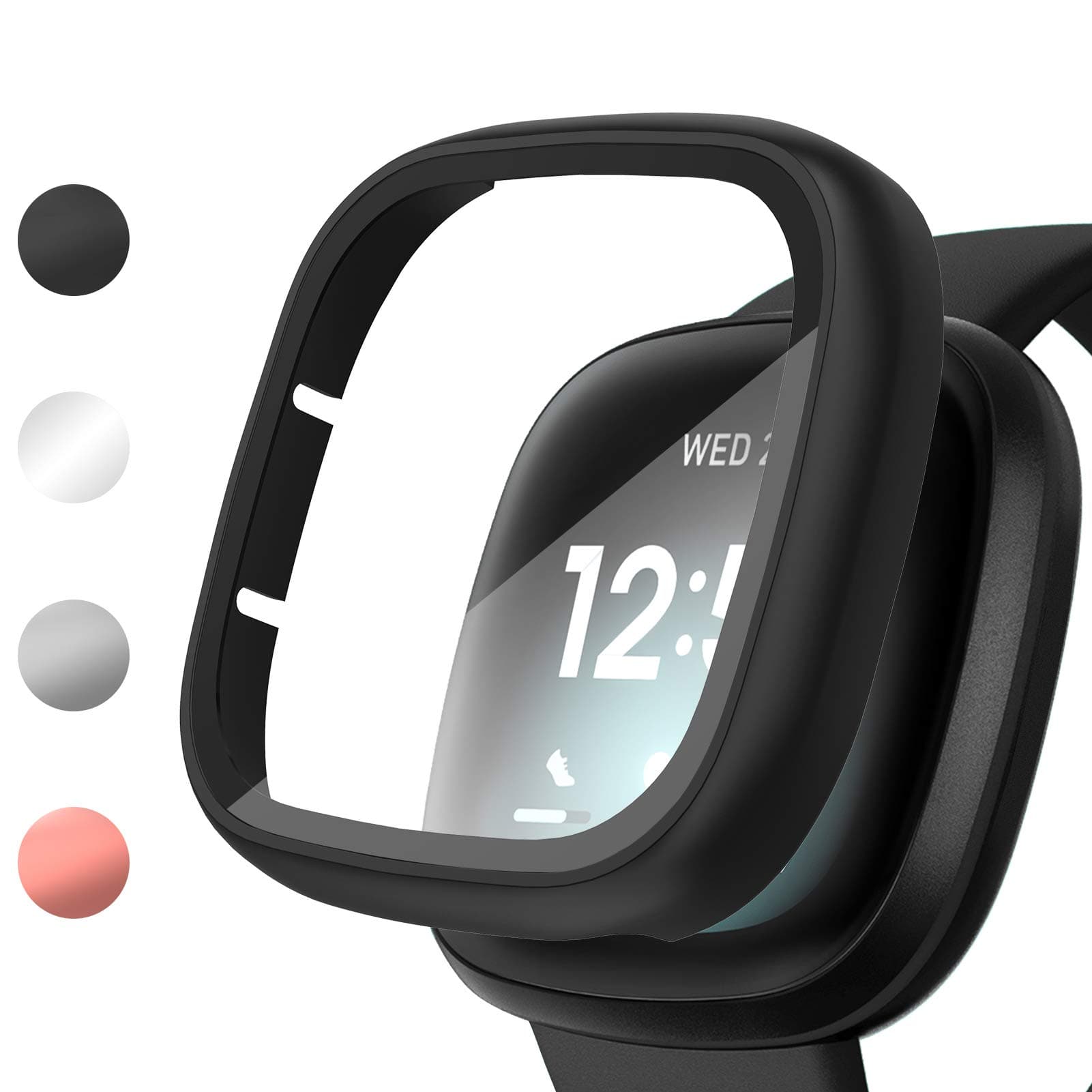 Vitty Hard PC Case with Tempered Glass Screen Protector Compatible with Fitbit Versa 3/Sense, Full Coverage Protective Bumpers Cover, Sensitive Slim Touch Screen for Versa 3 /Sense Smart Watch Only (Black)