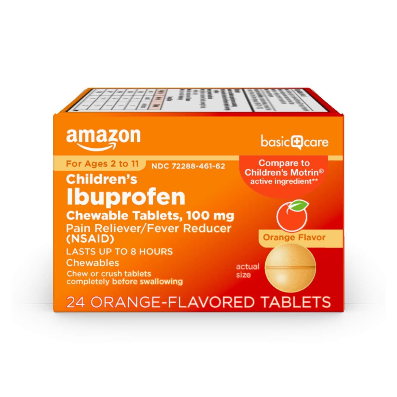 Amazon Basic Care Children's Ibuprofen Chewable Tablets 100 mg, Orange Flavor, Pain Reliever and Fever Reducer (NSAID), For Ages 2-11, 24 Count