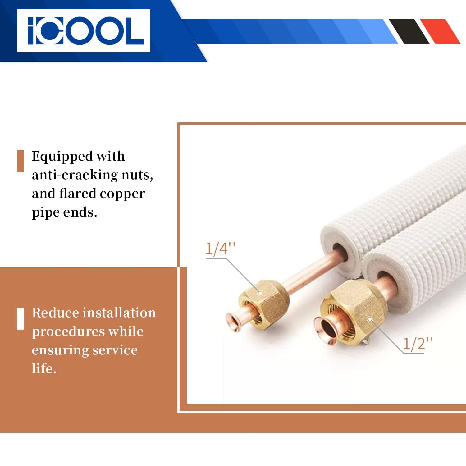 ICOOL 50 Ft. Mini Split Line Set, 1/4" & 1/2" O.D. Twin Copper Pipes, 3/8" Thickened PE Insulated Coil Copper Line with Nuts for Air Conditioner HVAC Refrigeration and Heating Equipment