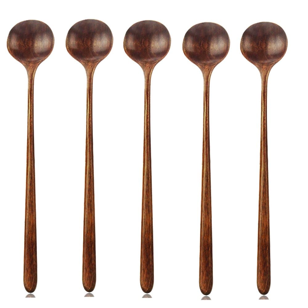 Long Spoons Wooden, 5 Pieces Korean Style 10.9 inches 100% Natural Wood Long Handle Round Spoons for Soup Mixing Stirrer Kitchen Tools Utensils, FDA Approved