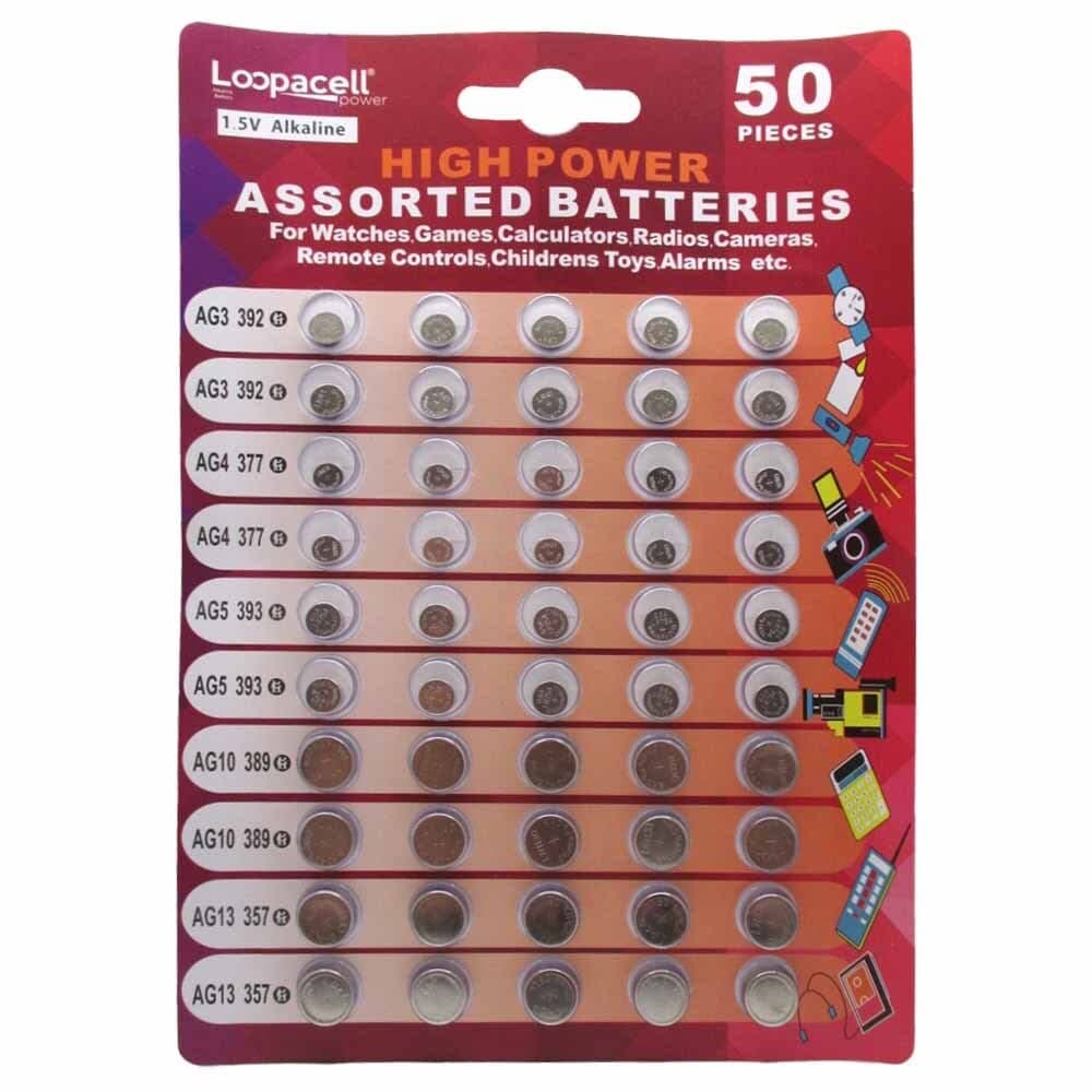 Loopacell High Power Super Alkaline Button Cell Assorted 1.5V Battery AG3/LR41 AG4/LR626 AG5/LR754 AG10/LR1130 AG13/LR44 Pack of 50