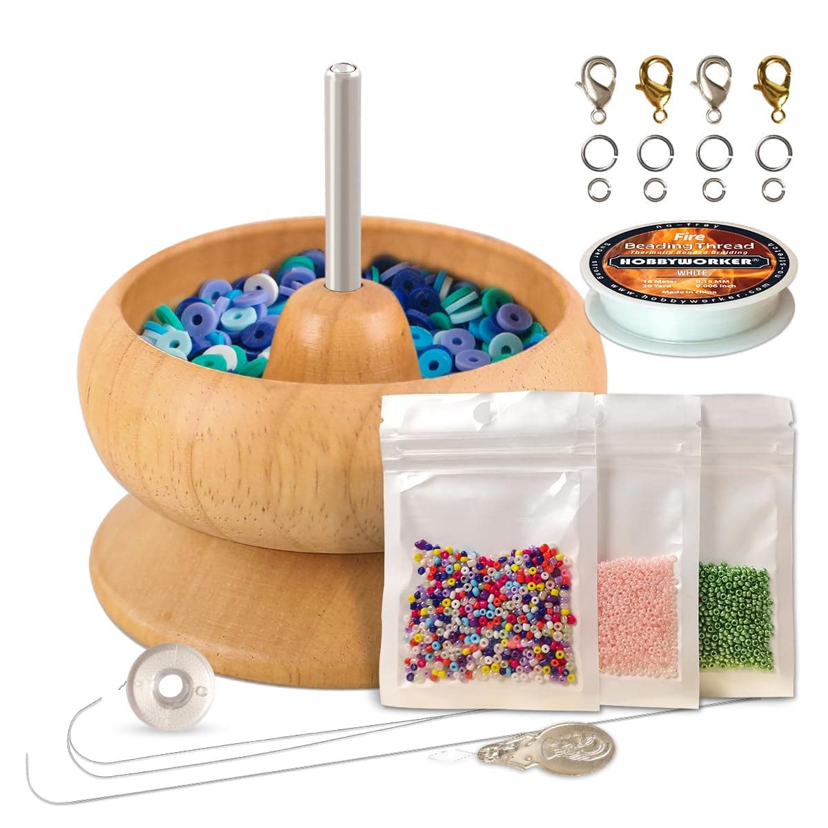 hobbyworker Clay Beading Spinner with Bead Thread,2 Spinner Needles and 3 Bags Seed Beads for DIY Jewelry Making Kit