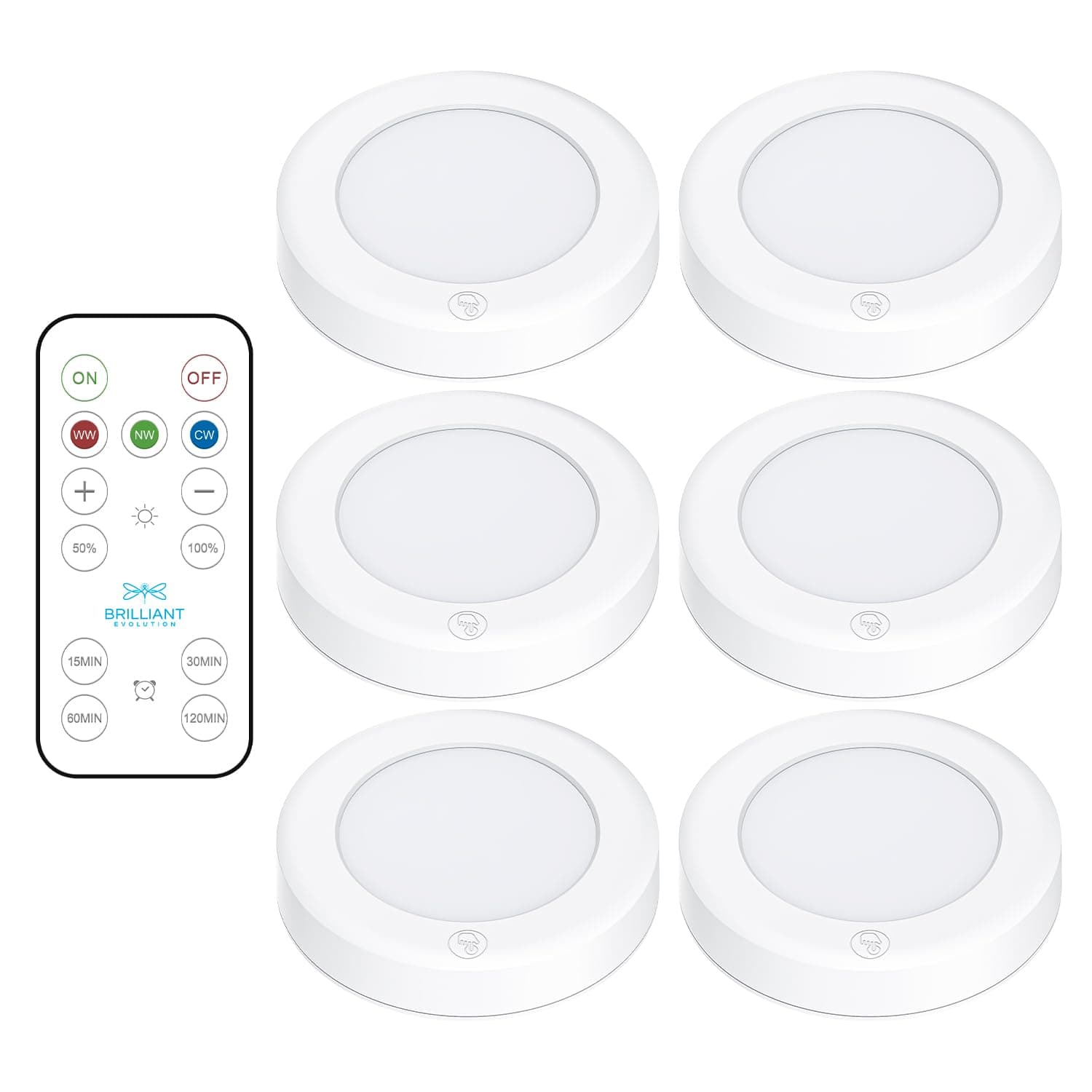 Brilliant Evolution LED Tap Light Push Lights with Remote - 6-Pack Battery Operated Under Cabinet Lights - Stick On Puck Lights for Kitchen, Closet, and Night Lighting - Wireless Warm White, 55 Lumens