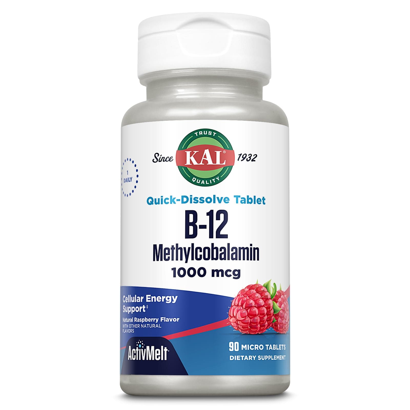 KAL Vitamin B12 Methylcobalamin 1000mcg, Healthy Energy, Metabolism, Nerve & Red Blood Cell Support,* Fast Dissolve ActivMelt, Optimal Absorption, Natural Raspberry Flavor, 90 Servings, 90 Micro Tabs