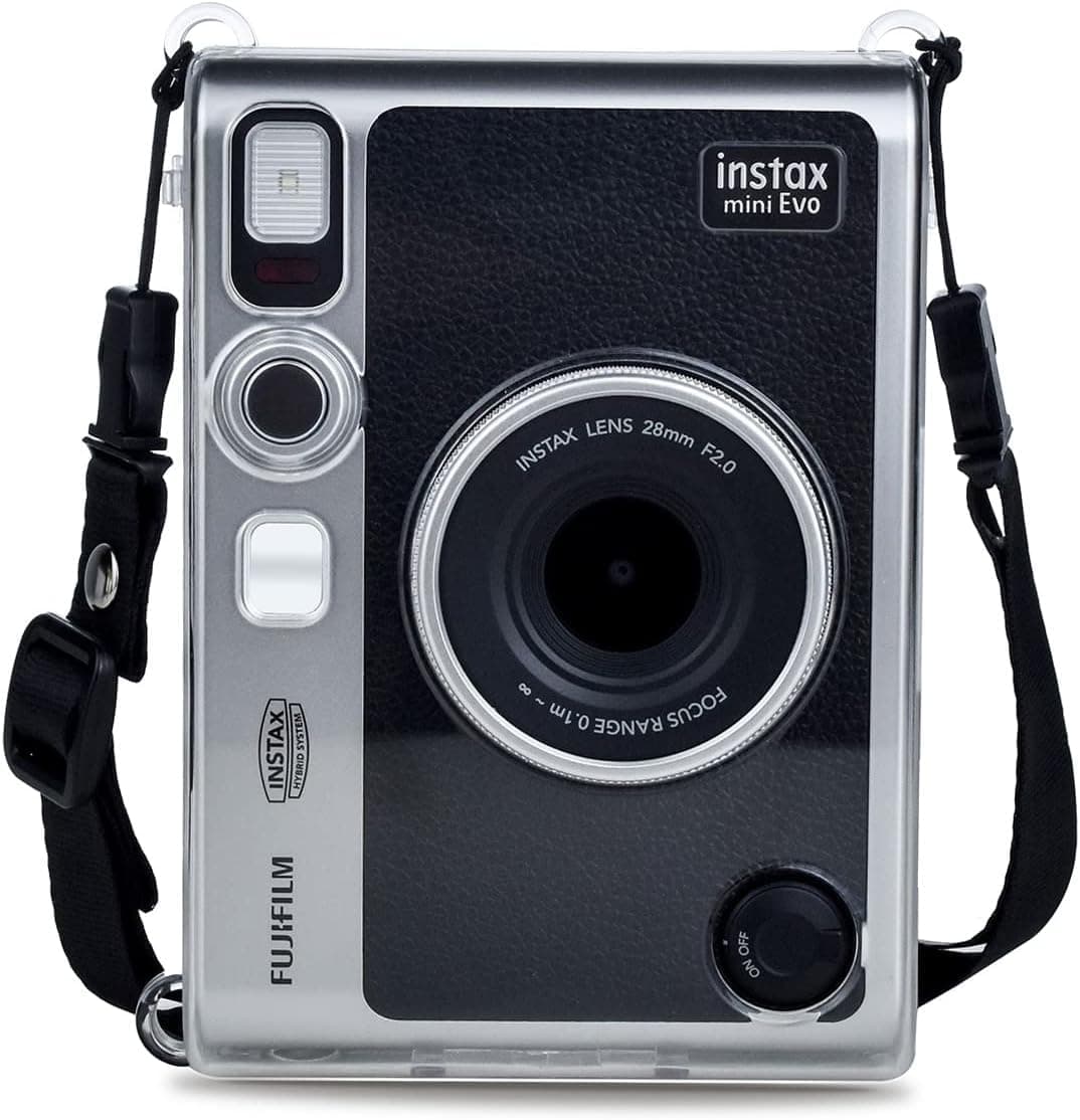 Fuji Mini EVO Protective Camera Case - Hard PC Crystal Clear Case Compatible for Fujifilm Instax Mini EVO Instant Camera with Adjustable Shoulder Strap - Transparent
