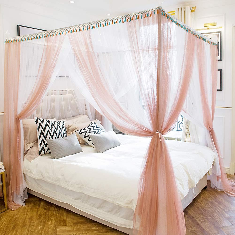 ASDFGH Encryption Princess bed canopy, 4 corners post bed canopy curtains For teen girls boho decor Three openings Keeps away insects & flies-pink 180x200cm(71x79inch)