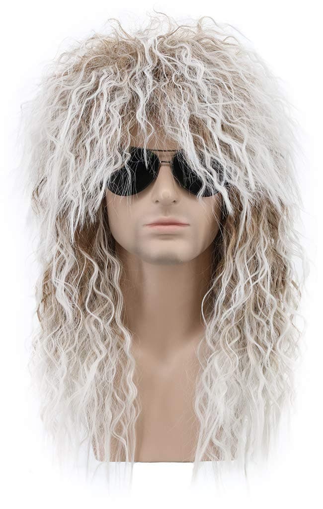 Men and Women Long Curly Brown Gradient White Wig 70s 80s Rocker Mullet Party Funny Wig Costume Wig