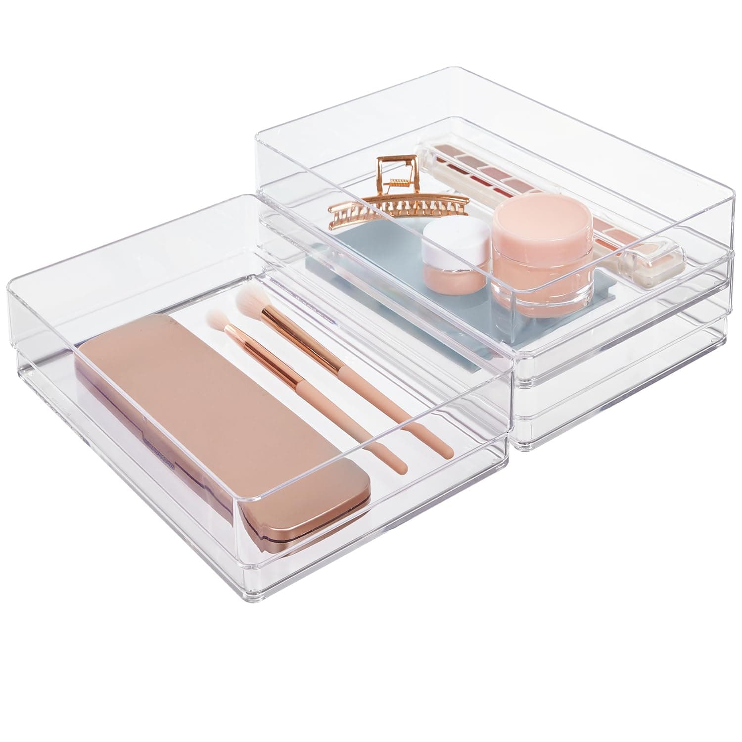 SimpleSort 3-Piece Stackable Clear Drawer Organizer Set | 9" x 6" x 2" Rectangle Trays | Wide Makeup Vanity Storage Bins and Office Desk Drawer Dividers | Made in USA