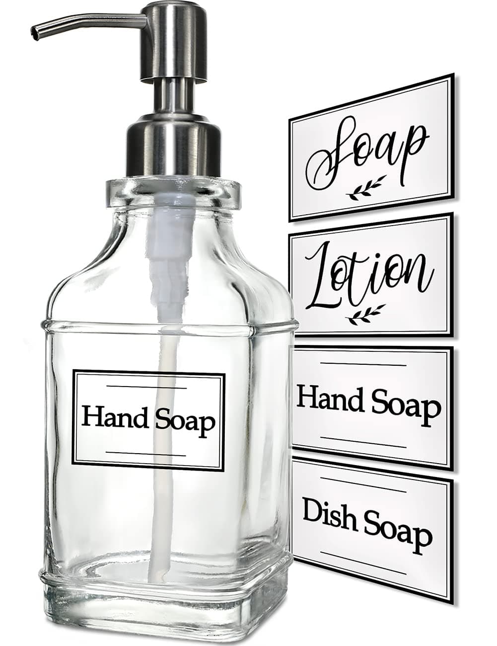 Antique Design Soap Dispenser with Rust Proof 304 Stainless Steel Pump, Refillable Glass Soap Dispenser with 10Pcs Clear Stickers, Premium Kitchen & Bathroom Soap Dispenser