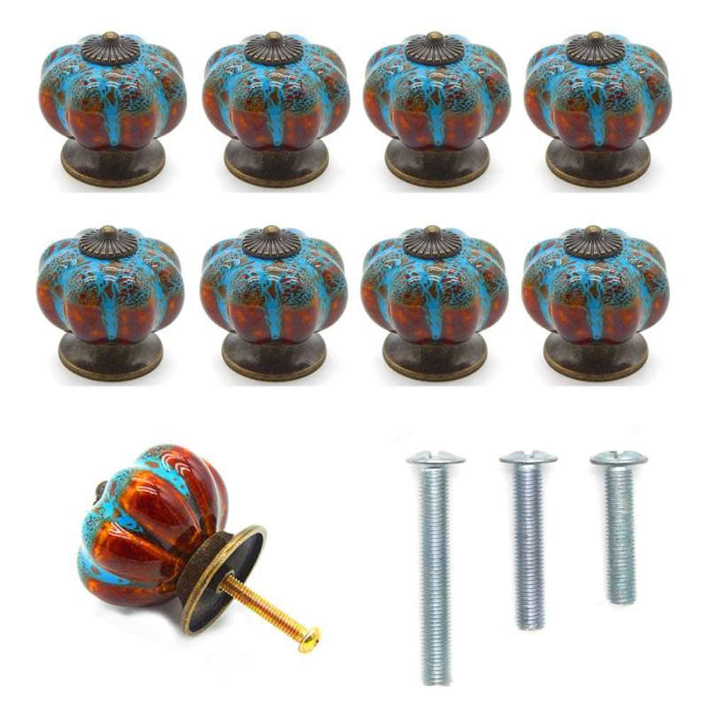 FINROS Pack of 8 New Version Ceramic Pumpkin Cabinet Knobs Cupboard Drawer Pull Handle/Great for Cupboard, Kitchen and Bathroom Cabinets, Shutters (Blue Leopard Grain)