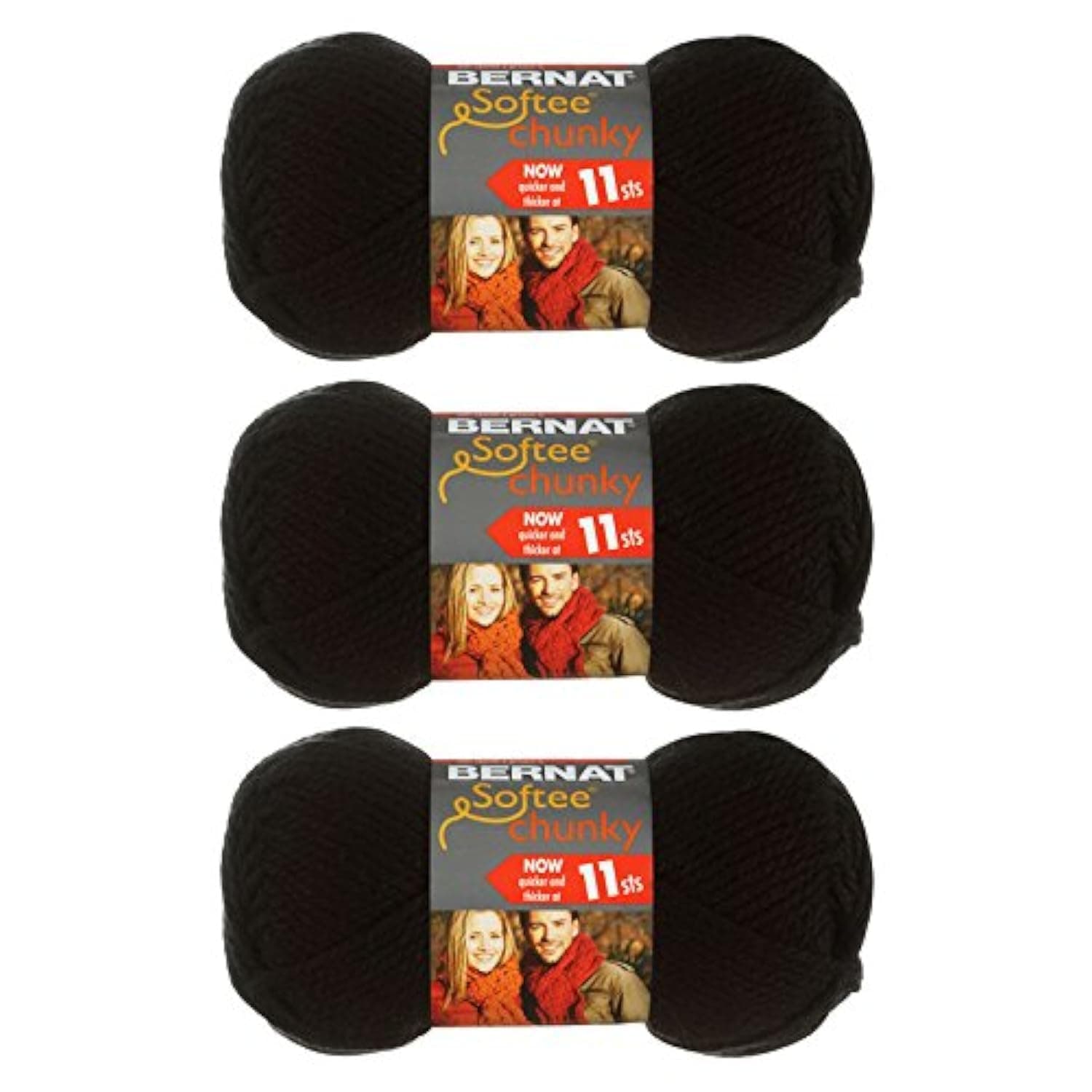 Bernat Softee Chunky 3-Pack Yarn, 2.8oz, Super Bulky 6 Gauge -Black - Machine Wash & Dry