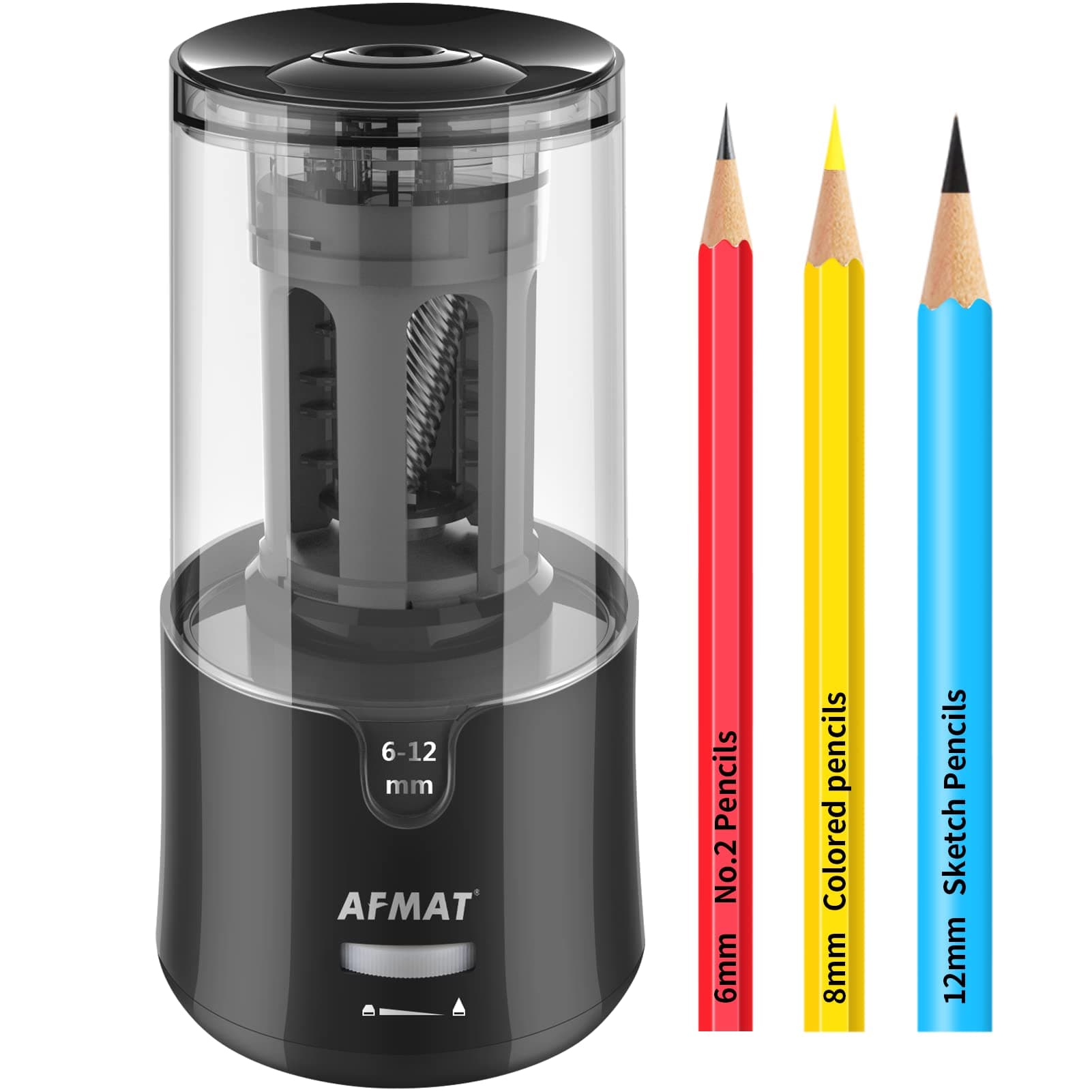 AFMAT Electric Pencil Sharpener, Auto Stop, Super Sharp & Fast, for 6-12 mm No.2/Coloured Pencils, Black, Plastic, Office, Home