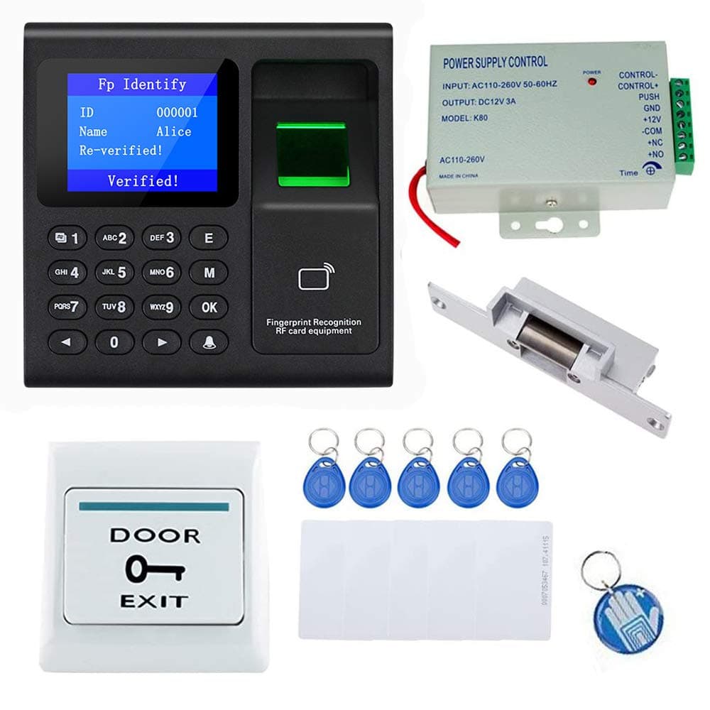 OBO HANDS Fail Secure Lock Full ser Door Access Control System Kit With RFID Biometric Keypad Reader + Power Supply +Exit Button + 10 Keyfobs (130mm NO Lock)