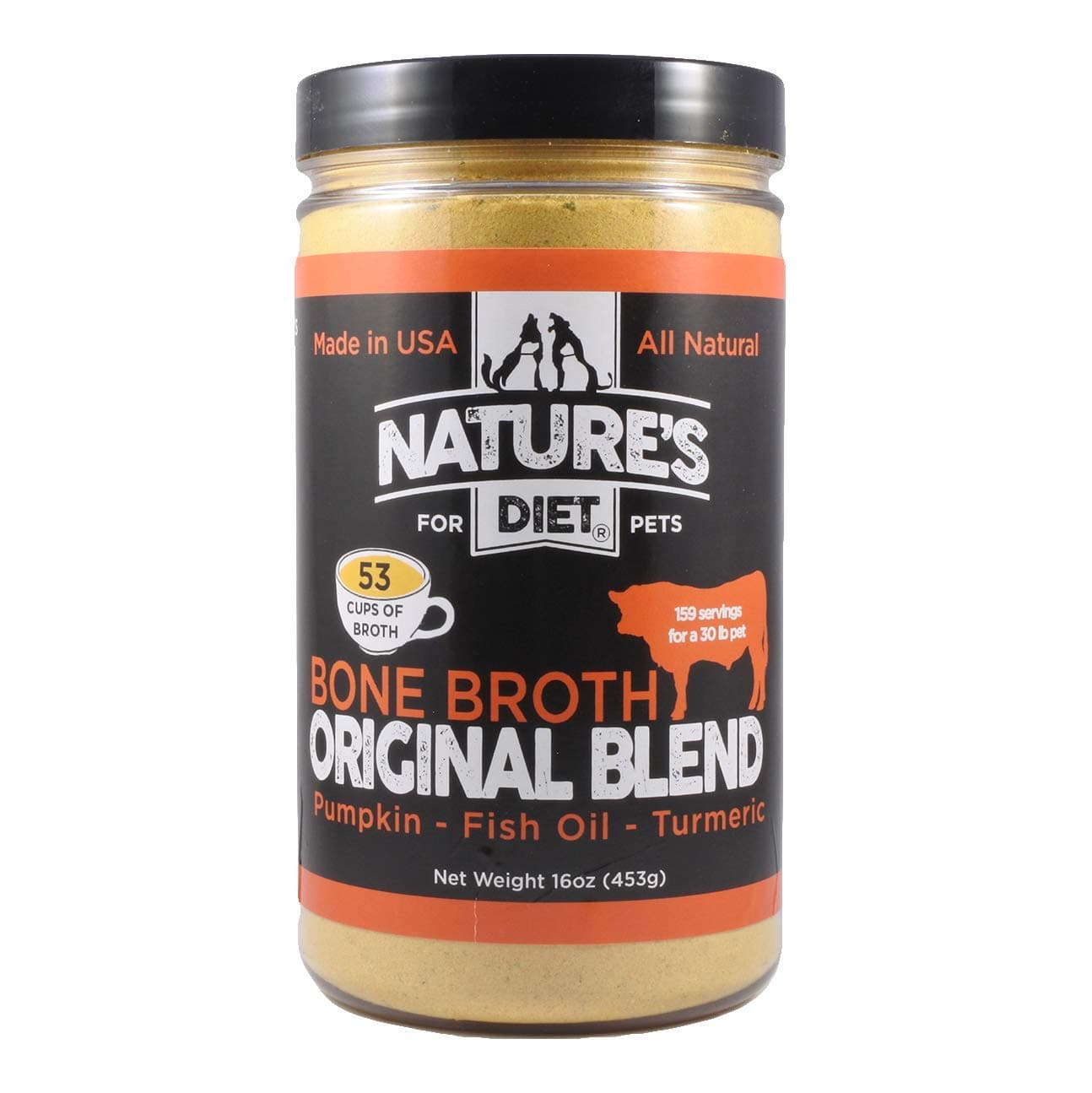Pet Bone Broth Protein Powder with Pumpkin, Fish Oil and Turmeric (Beef, 16 oz = 159 Servings)