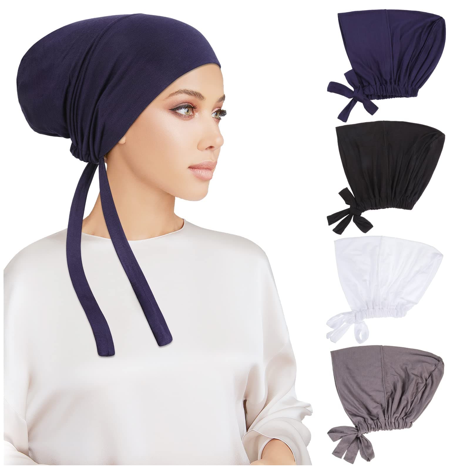 4 Pcs Women Hijab Undercap, Islamic Muslim Under Hijab Cap Inner Under Scarf Hat Turban with Tie Back Closure