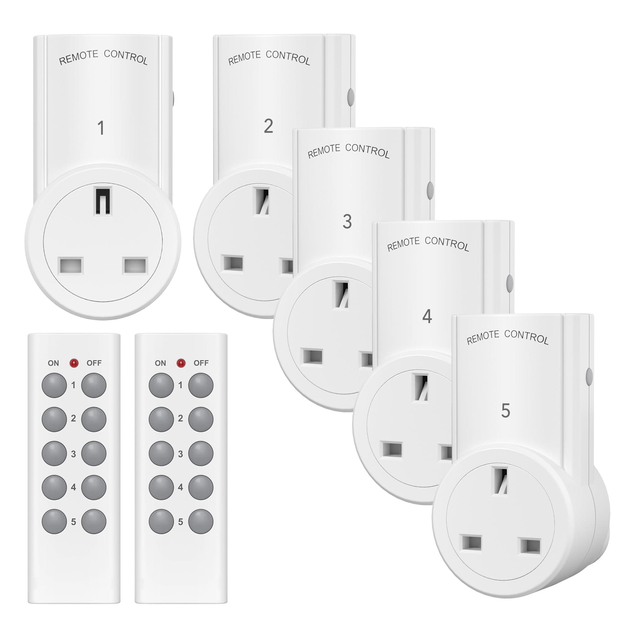 HBN Remote Control Plug Socket,13A/3120W Wireless Light Switch 30M/100ft Operating Range for Household Appliances,5 Pack Sockets and 2 Remotes