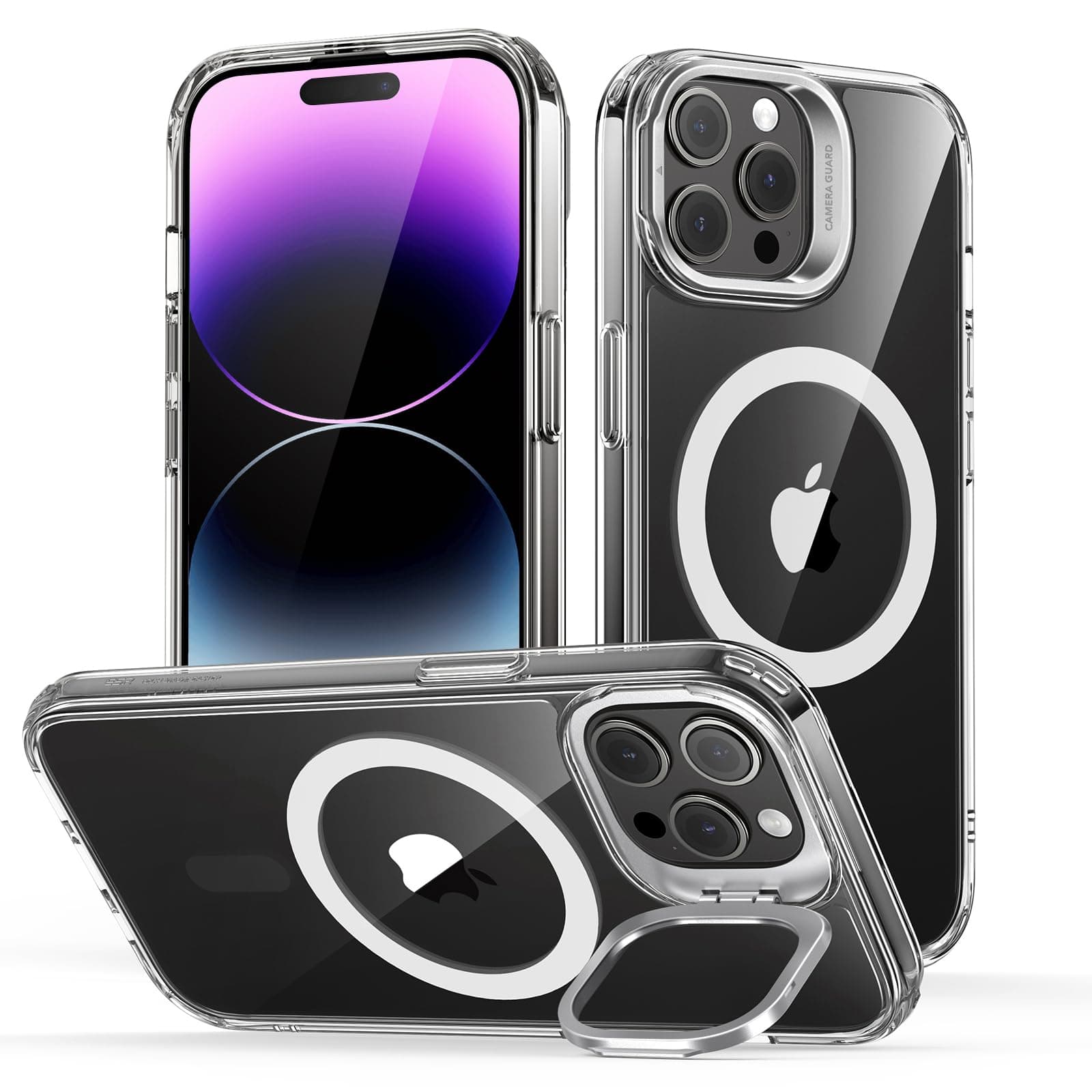 for iPhone 14 Pro Max Case, Compatible with MagSafe, Adjustable Camera Ring Stand, Scratch Resistant Back, Military-Grade Protection, TPU, Classic Magnetic Back Cover with Kickstand, Clear