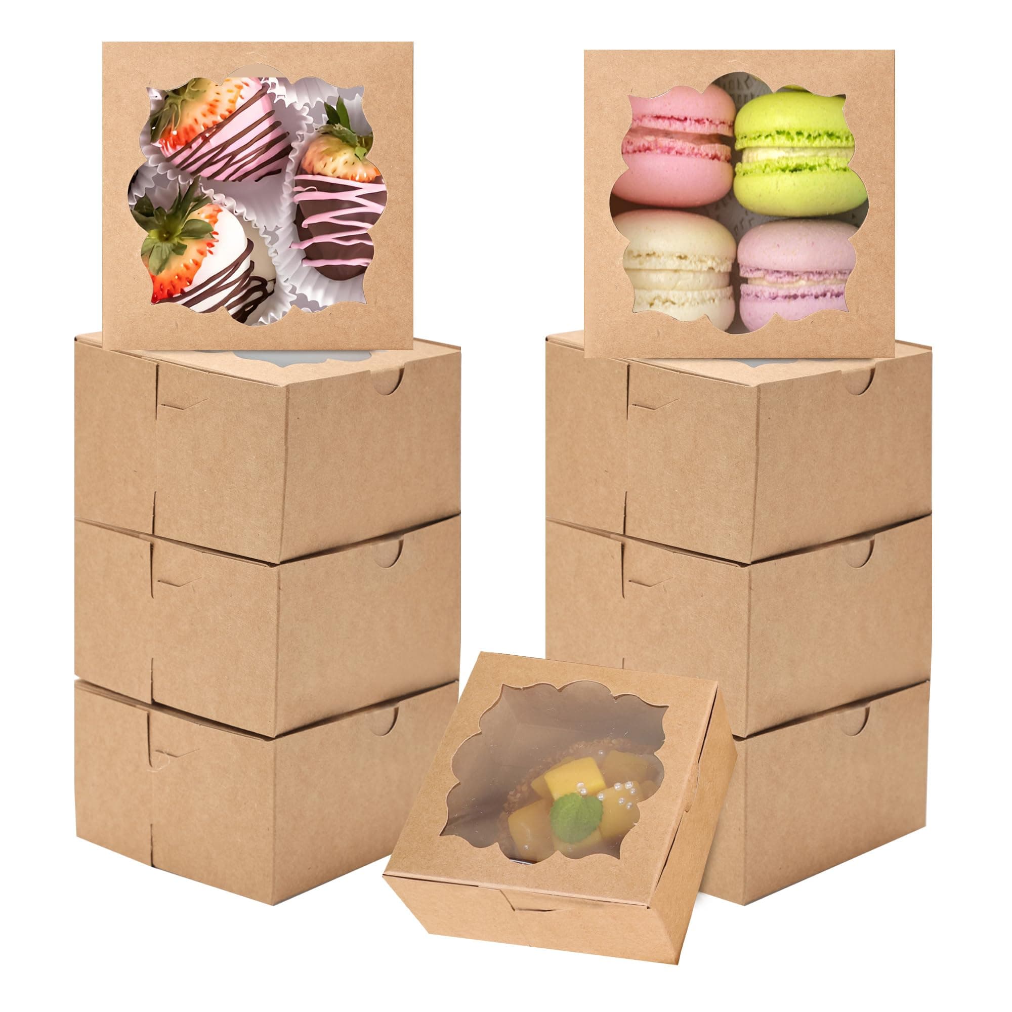 50pcs Cookie Boxes with Window Bakery Boxes Small Treat Boxes Mini Pie Boxes Pastry Boxes 4x4x2.5in(Brown)
