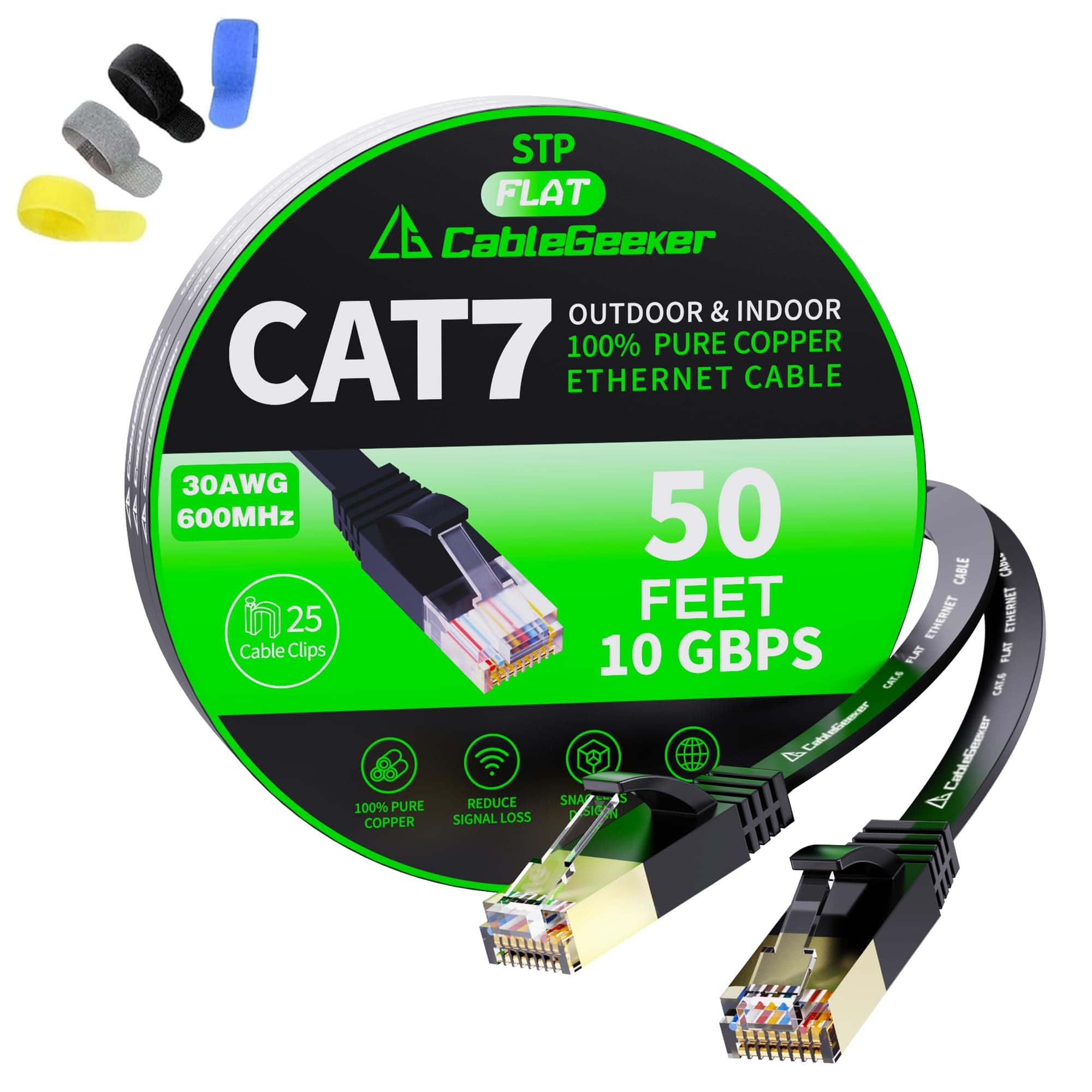 CableGeeker Cat7 Shielded Ethernet Cable 50ft (Highest Speed Cable) Flat Ethernet Patch Cable Support Cat5/Cat6 Network,600Mhz,10Gbps - Black Computer Cord + Free Clips and Straps for Router Xbox