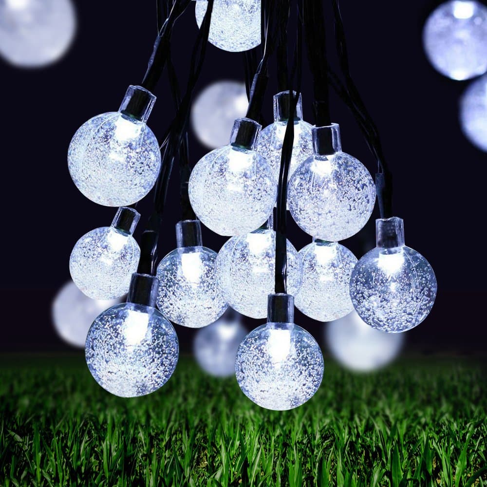 Solar String Light 8 MODES 20 ft 30-LED Globe Solar Powered Christmas Outdoor Lights Fairy Crystal Ball Waterproof Lights for Home Patio Lawn Garden Wedding Party(White)