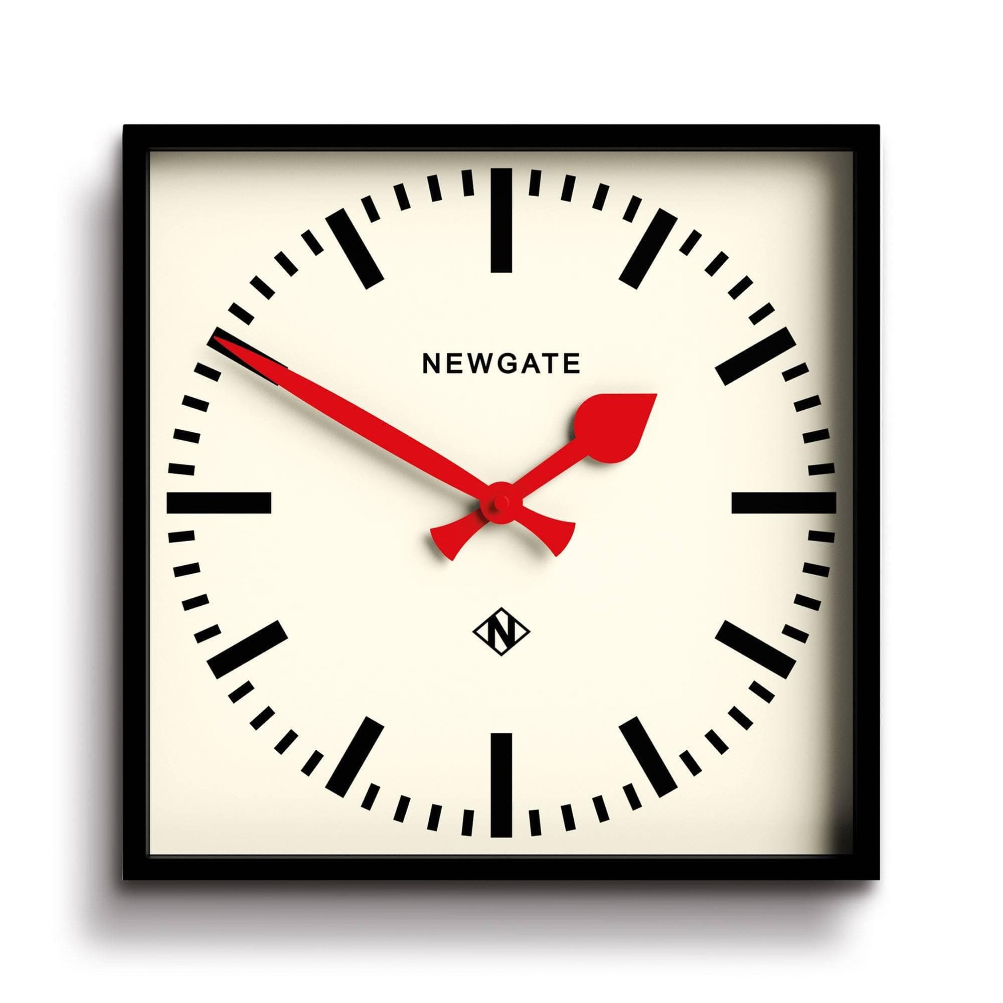 NEWGATE® Number Five Railway Wall Clock - Square Clock - Kitchen Clock - Office Clock - Retro Clock - Designer Clock - Station Clock - Marker Dial (Red Hands)