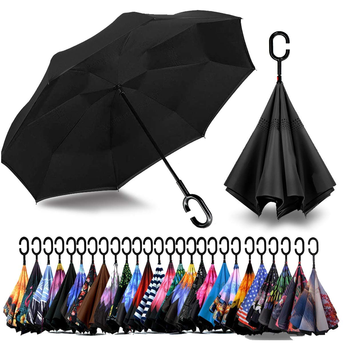 SIEPASA 49/56 Inch Inverted Reverse Upside Down Umbrella, Extra Large Double Canopy Vented Windproof Waterproof Stick Golf Umbrellas with C-shape Handle.