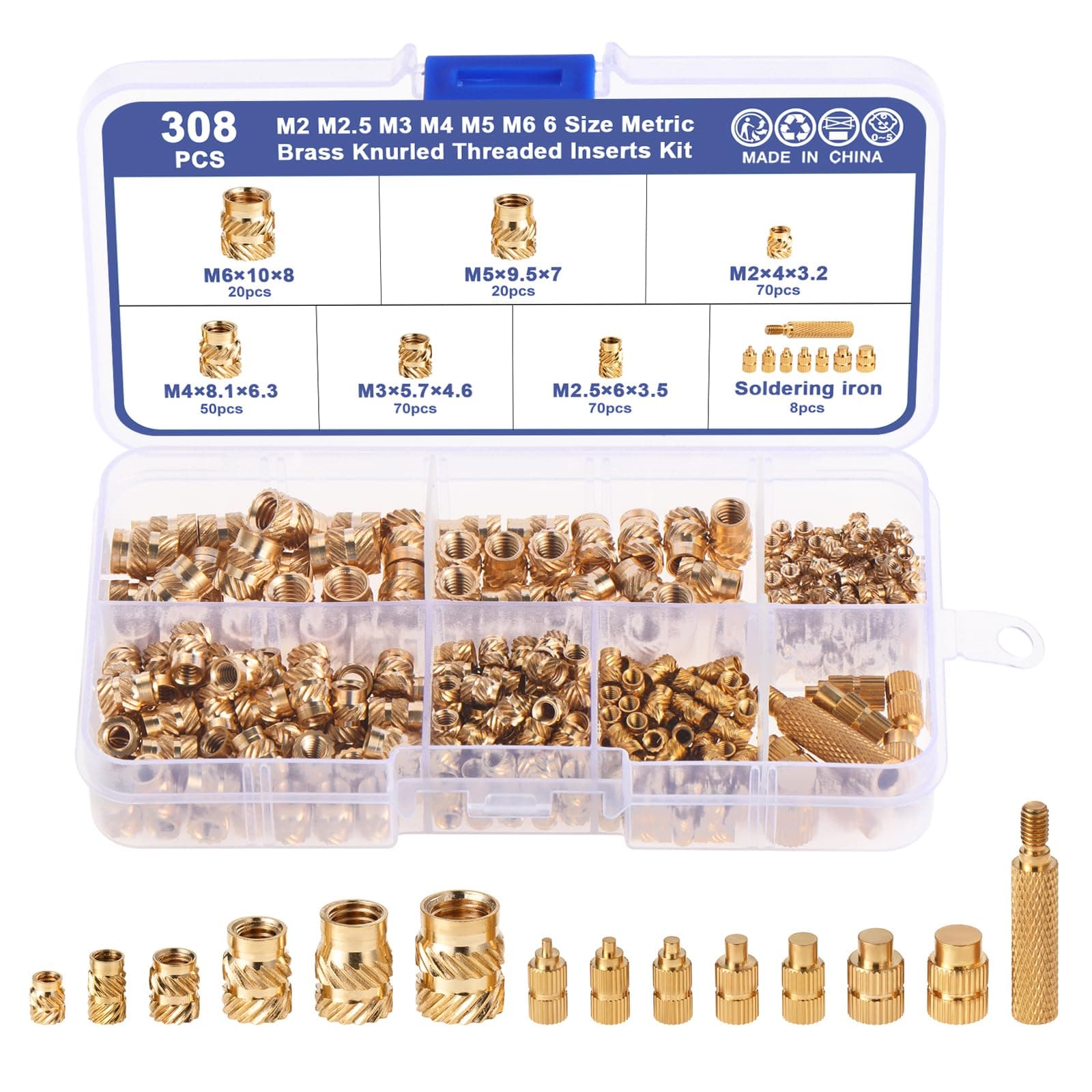 308PCS Threaded Inserts for Plastic,M2 M2.5 M3 M4 M5 M6 Threaded insert with Heat Set Insert Tips for 3D Printer Plastic Parts Brass Metric Knurled Embedment Nuts