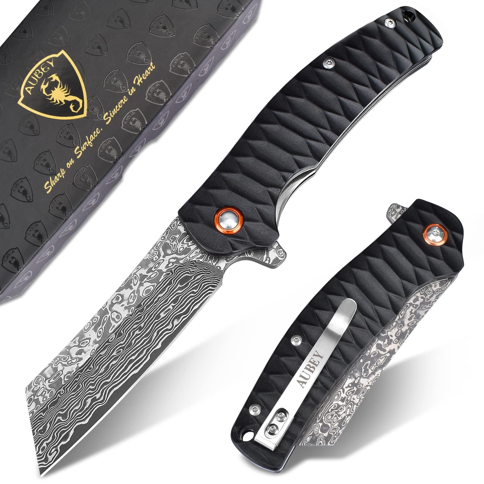 Damascus Pocket Knife, 3.34" Damascus Steel Hollow Grind Blade, Folding Knife with Ball Bearing, Aluminum Handle, EDC Knife for Outdoor Camping Hunting