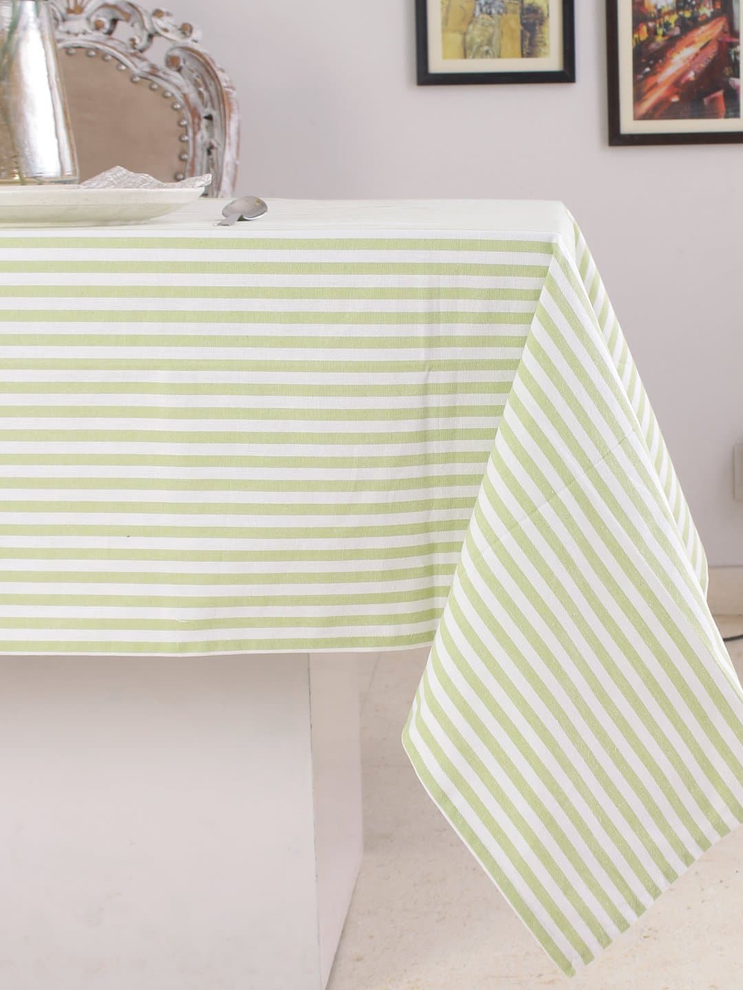 Cotton Rectangular Table Cloth (60 x 84 Inches), Green & White Stripe - Perfect For Spring, Summer, Holidays - Christmas And For Everyday Use