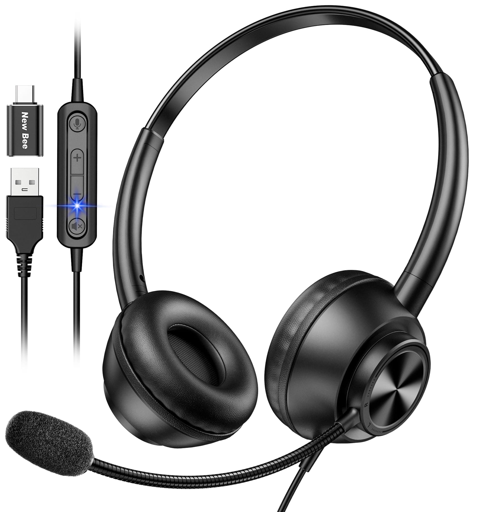 USB Headset with Microphone for PC, Computer Headset with Mic, Wired Headset with USB-A & Type-C, Mute, In-Line Controls Call Center Headphone for Work PC Laptop Office Phone Meeting Zoom Skype