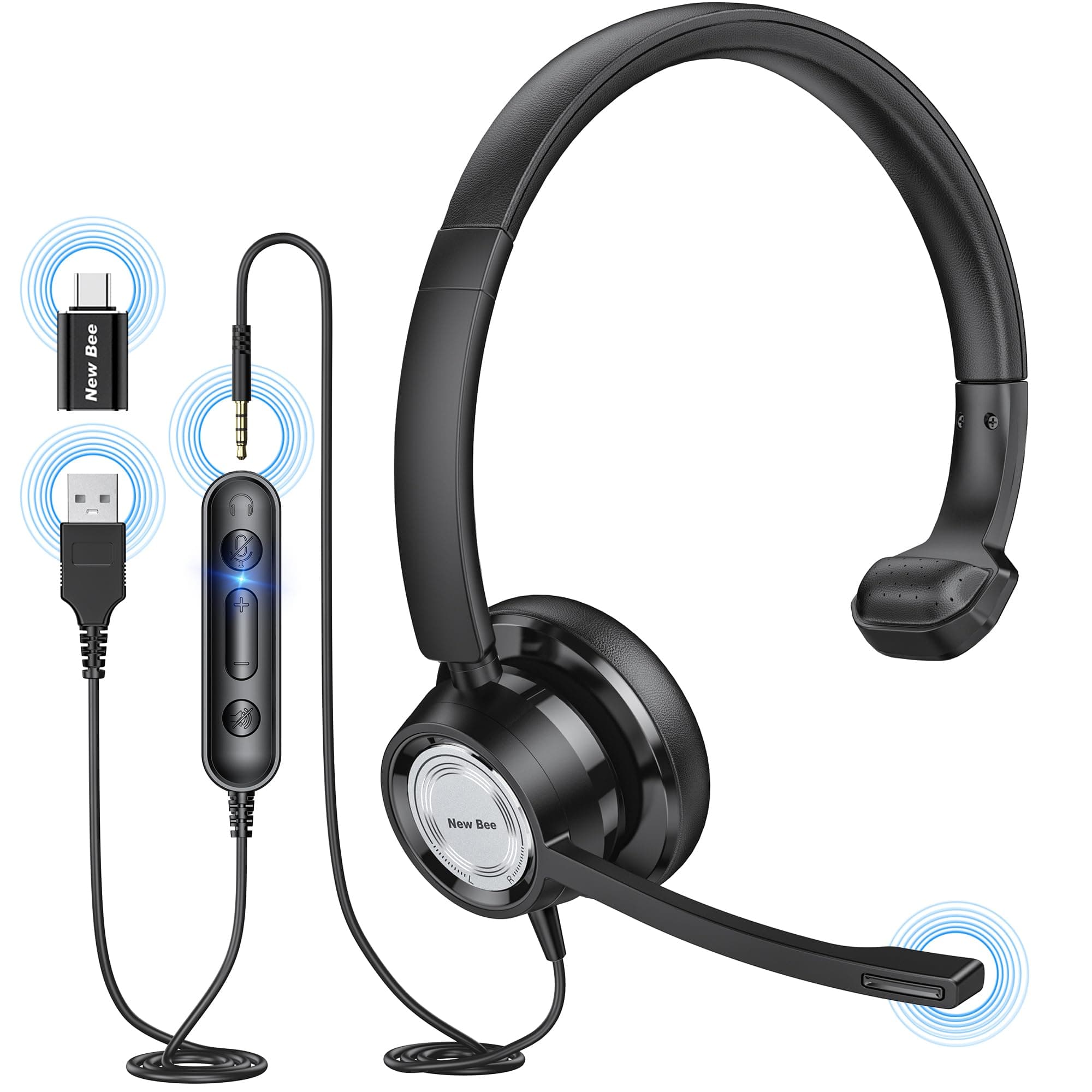 New Bee USB Headset with Microphone for PC Computer Headset, Single Ear Headset Noise Cancelling Mic, Call Center Wired Headset with 3.5mm/USB/Type C for Skype Zoom Tablet Laptop