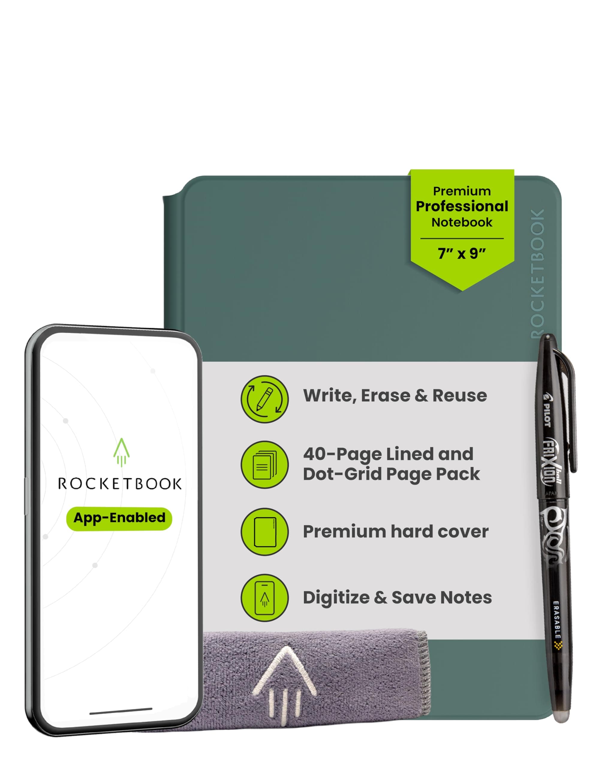 Rocketbook PRO 2.0 Reusable Digital Notebook - Smart Notepad A5 Green, Wirebound Note Book To Do List Pad, Dotted and Lined Paper with Frixion Erasable Pen and Wipe, Office Gadget App
