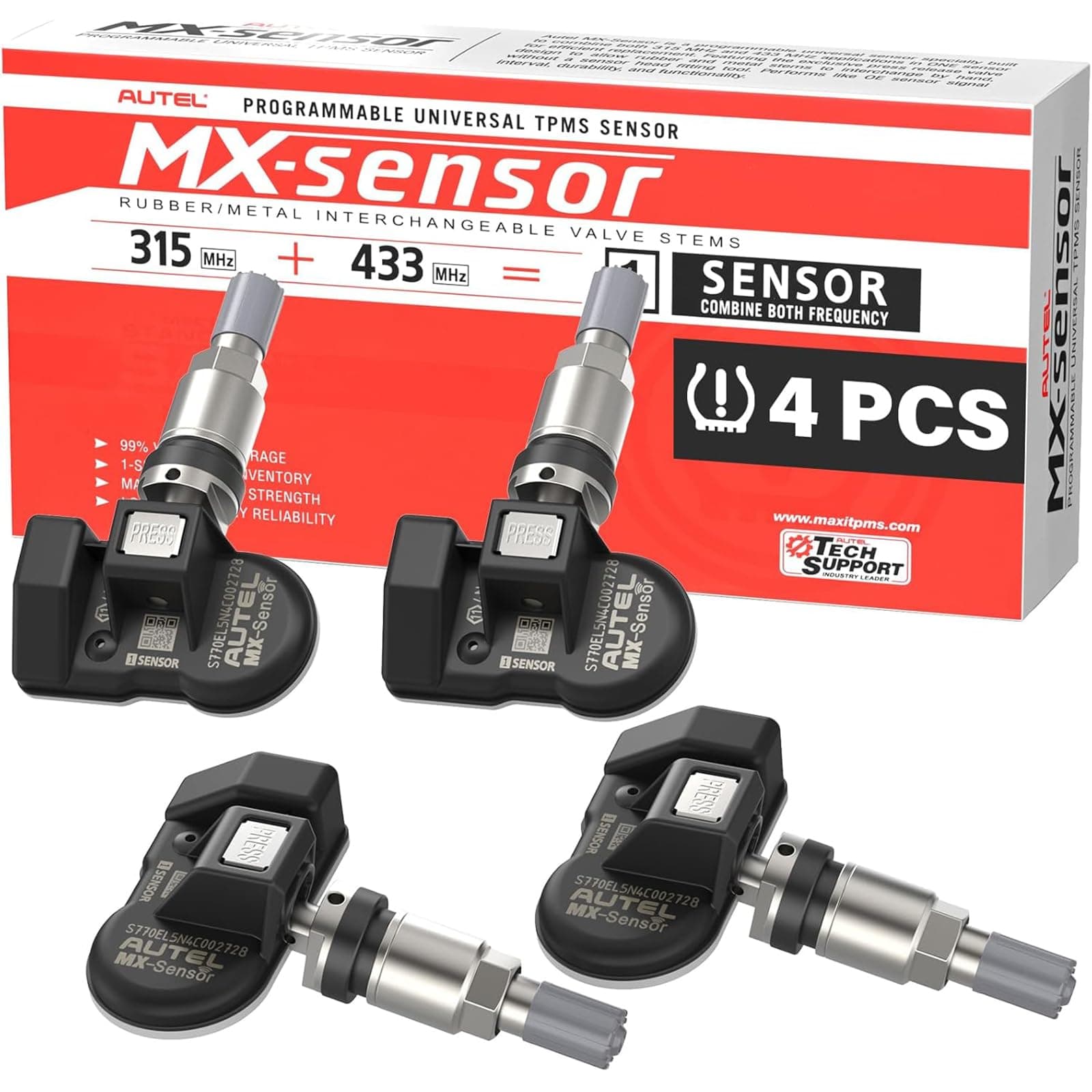 Autel TPMS Sensor MX Sensor, Tire Pressure Sensor Dual Frequency (315MHz + 433MHz), Press-in OE Sensors Programmable by TS408S TS508 TS508WF TS608 MP900TS MS906PRO-TS (Metal Valves, Set of 4)