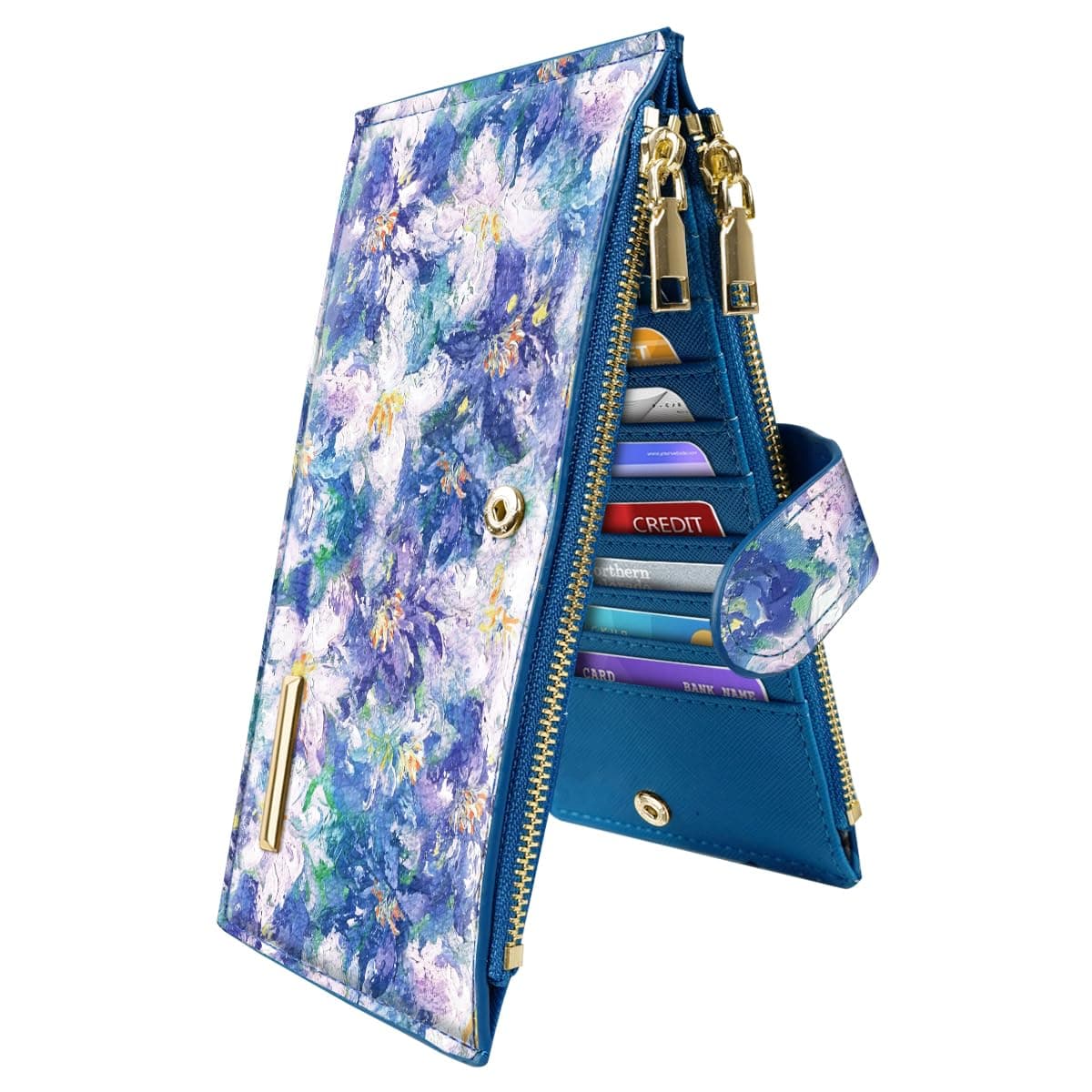 Womens RFID Blocking Large Capacity Wallet Multi Card Organizer Bifold Wallet for Women with Zipper Pocket, Blue Flowers