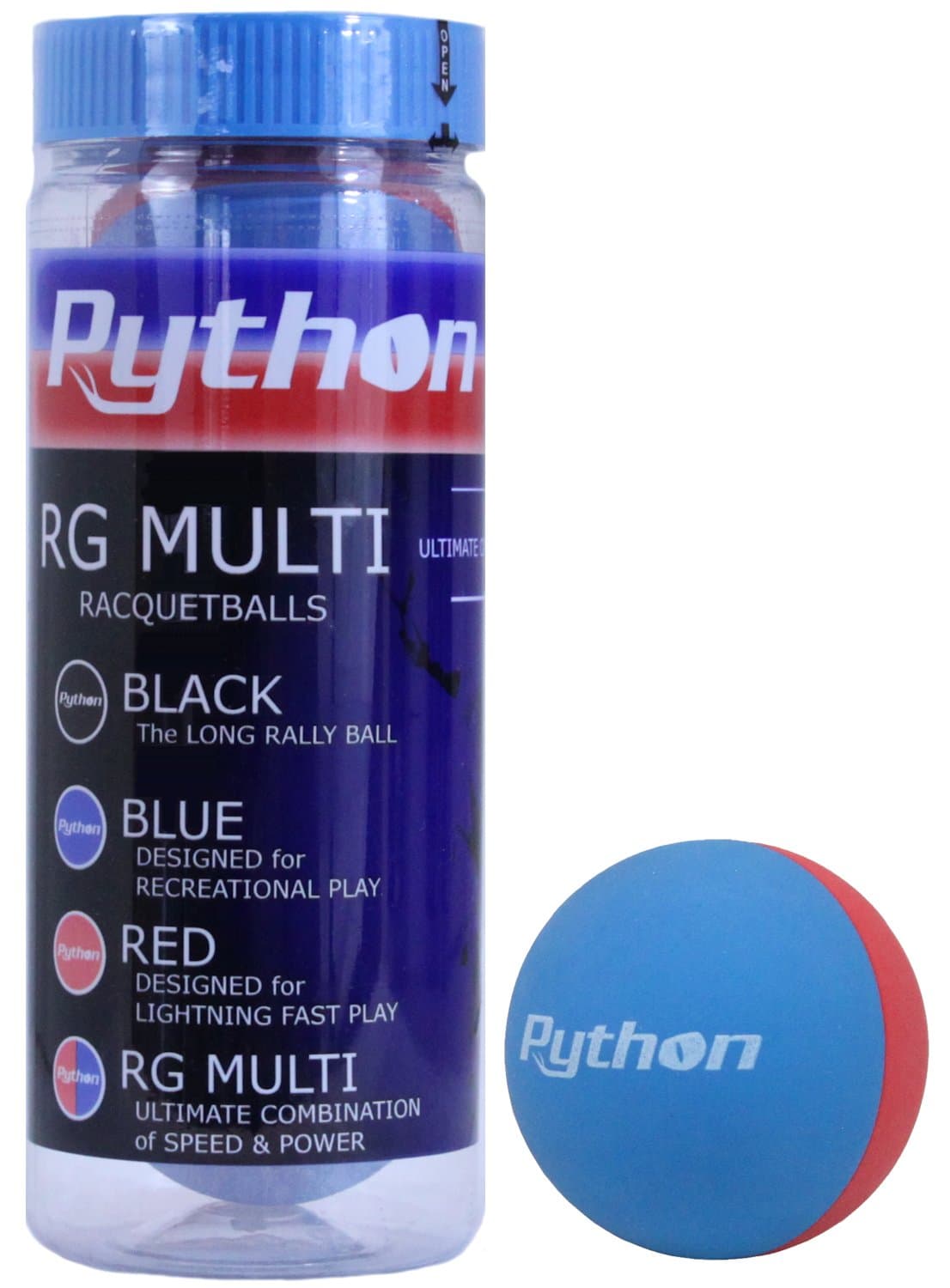 Python 3 Ball Can RG Multi Colored Racquetballs (Endorsed by Racquetball Legend Ruben Gonzalez!) (Red/Blue, Red/Black, Black/Bue Colors Available)