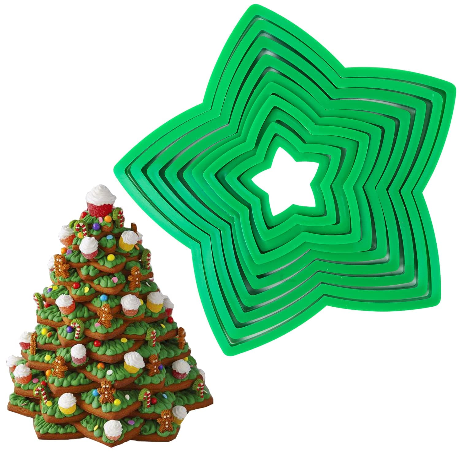 KAISHANE 10pcs 3D Christmas Tree Cookie Cutter Set-Star Cookie Cutters XMAS Decoration fondant donut Cookie cutters kit for Christmas Tree gift cookie tower