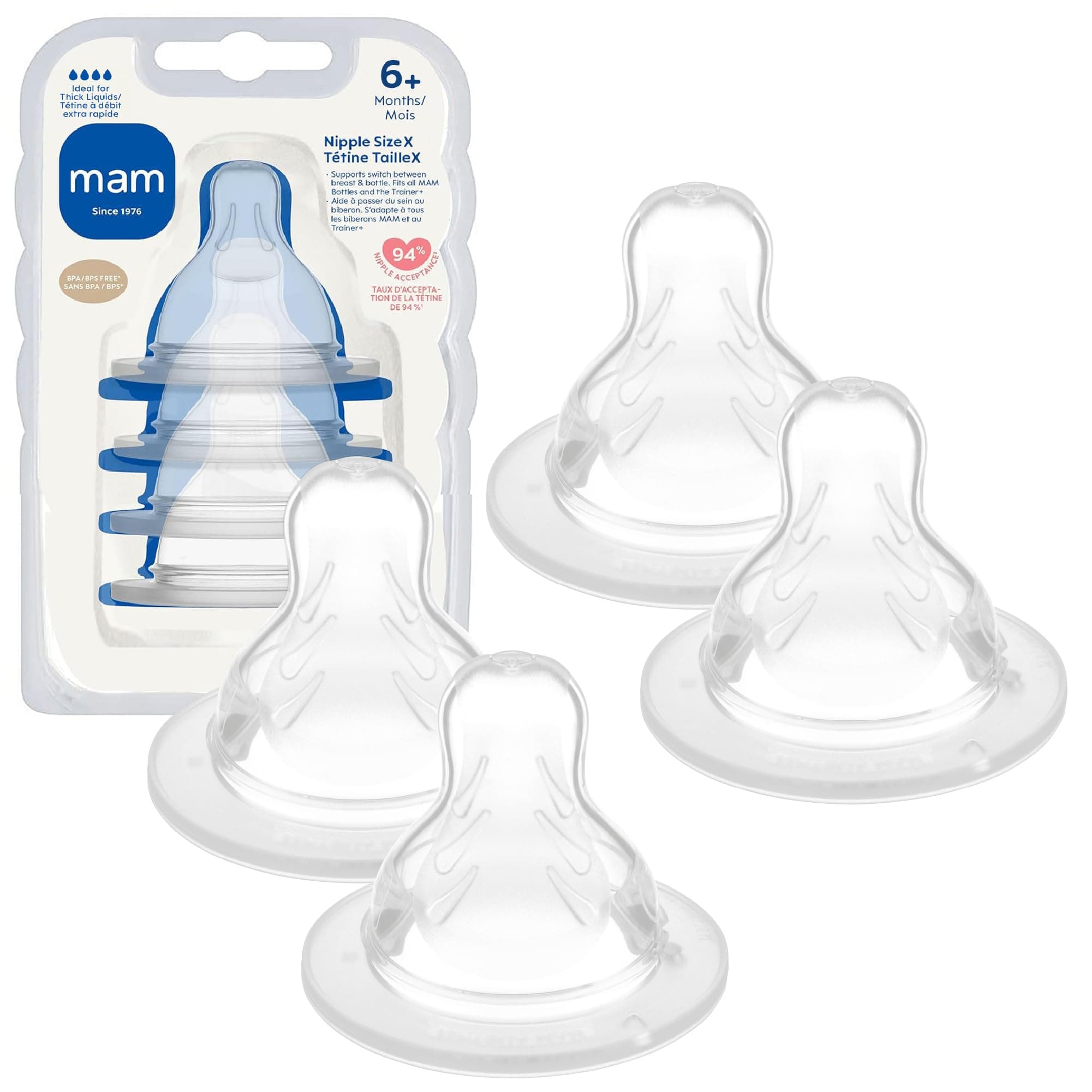 Baby Bottle Nipples Extra Fast Flow Size X, for 6+ Month Babies, Skin Soft BPA Free Silicone, 94% Nipple Acceptance, Fits All MAM Bottles, Developed with Medical Experts, 4 Pack, Made in Europe