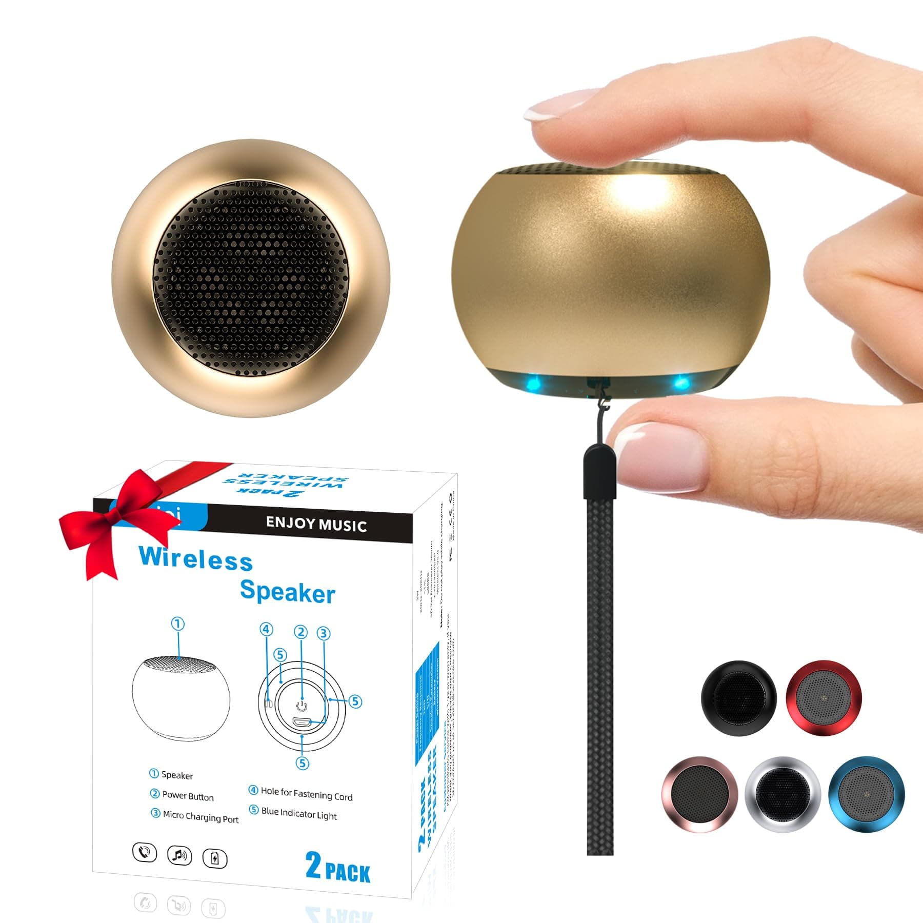 2Pack Portable Mini Speakers, Bluetooth Tiny Speakers,Wireless Micro Speaker for Phone/PC/Tablet, Rechargeable Battery, Built-in Microphone, Cute Mini Speaker with Strap to Carry, Gold