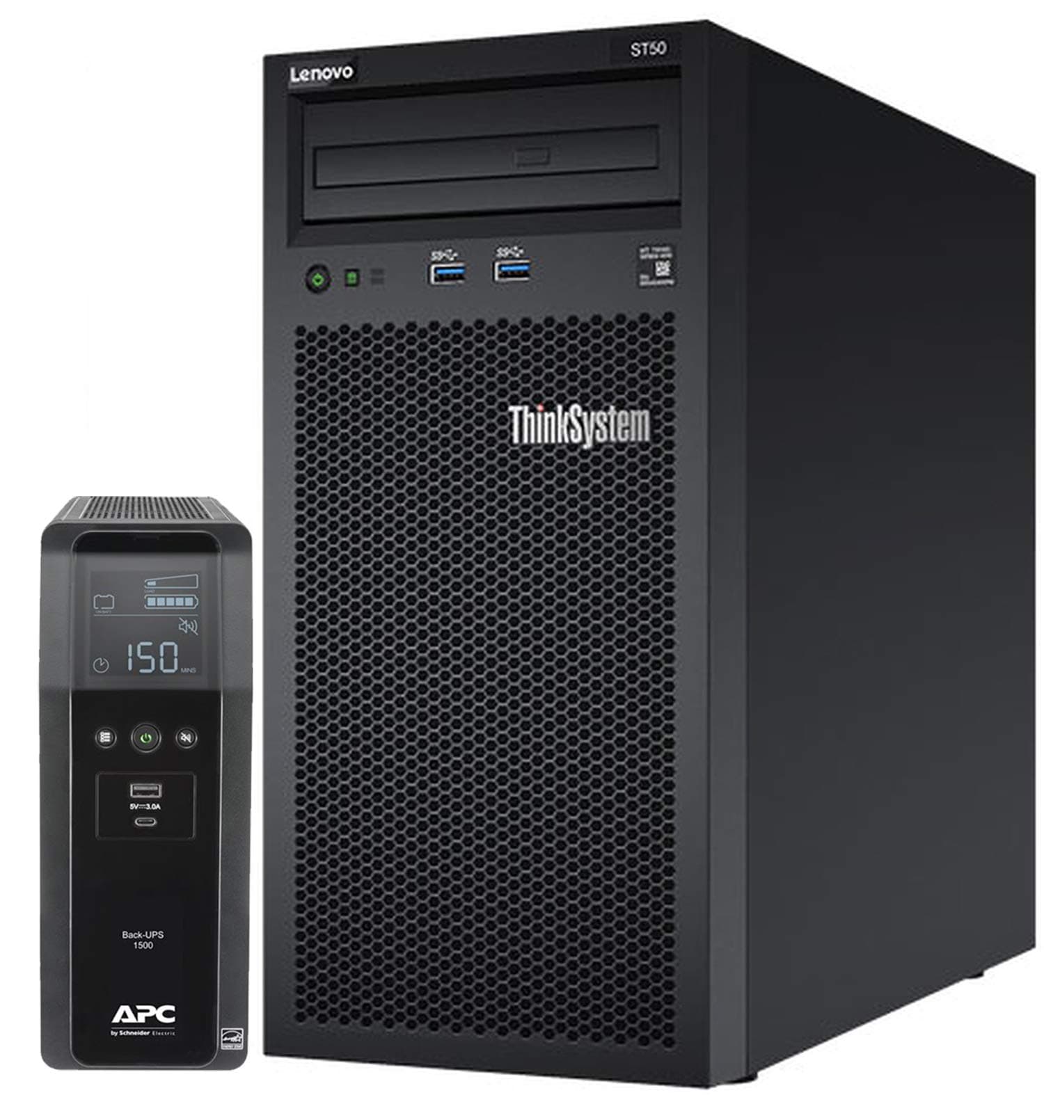 Lenovo ThinkSystem ST50 Tower Server Bundle Including APC BR1500MS 1500VA UPS, Intel Xeon 3.4GHz CPU, 64GB DDR4 2666MHz RAM, 12TB HDD Storage, JBOD RAID