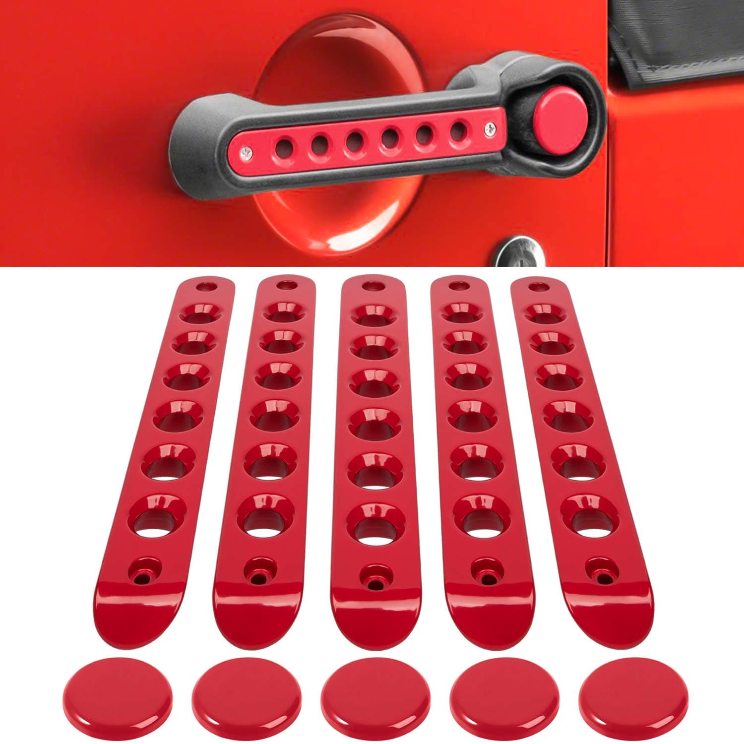 E-cowlboy Grab Handle Inserts Cover+Push Button Knobs Cover Trim for Jeep Wrangler JK JKU Sahara Rubicon Unlimited 2007-2018 Exterior Door Handle Decoration Accessories Aluminum (Red)