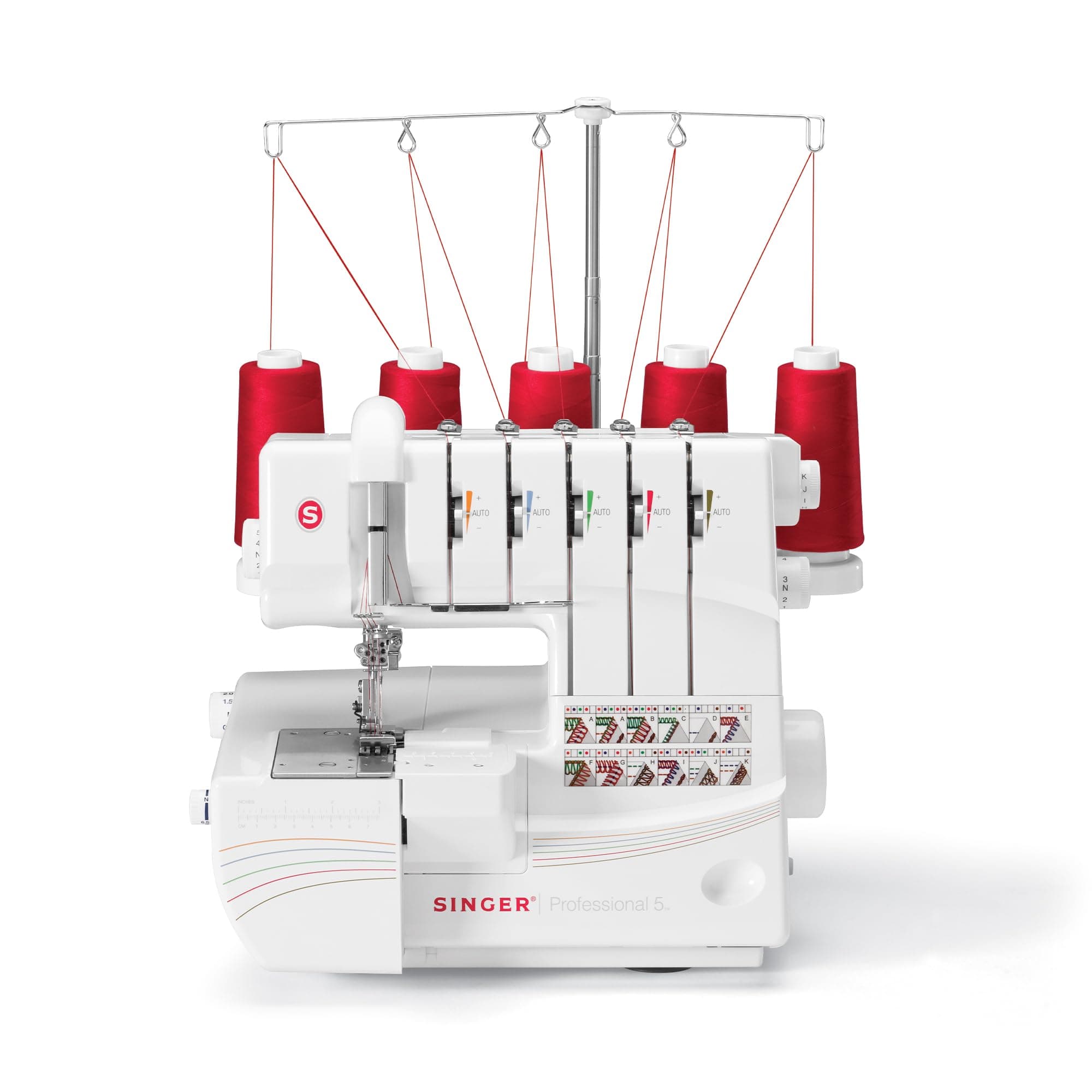 SINGER Professional 5 14T968DC Heavy-Duty Metal Frame Serger Overlock and Accessory Kit with 2-3-4-5 Stitch Capability, Removeable Trim Trap, 1300 Stitches per minute, & Self Adjusting, White