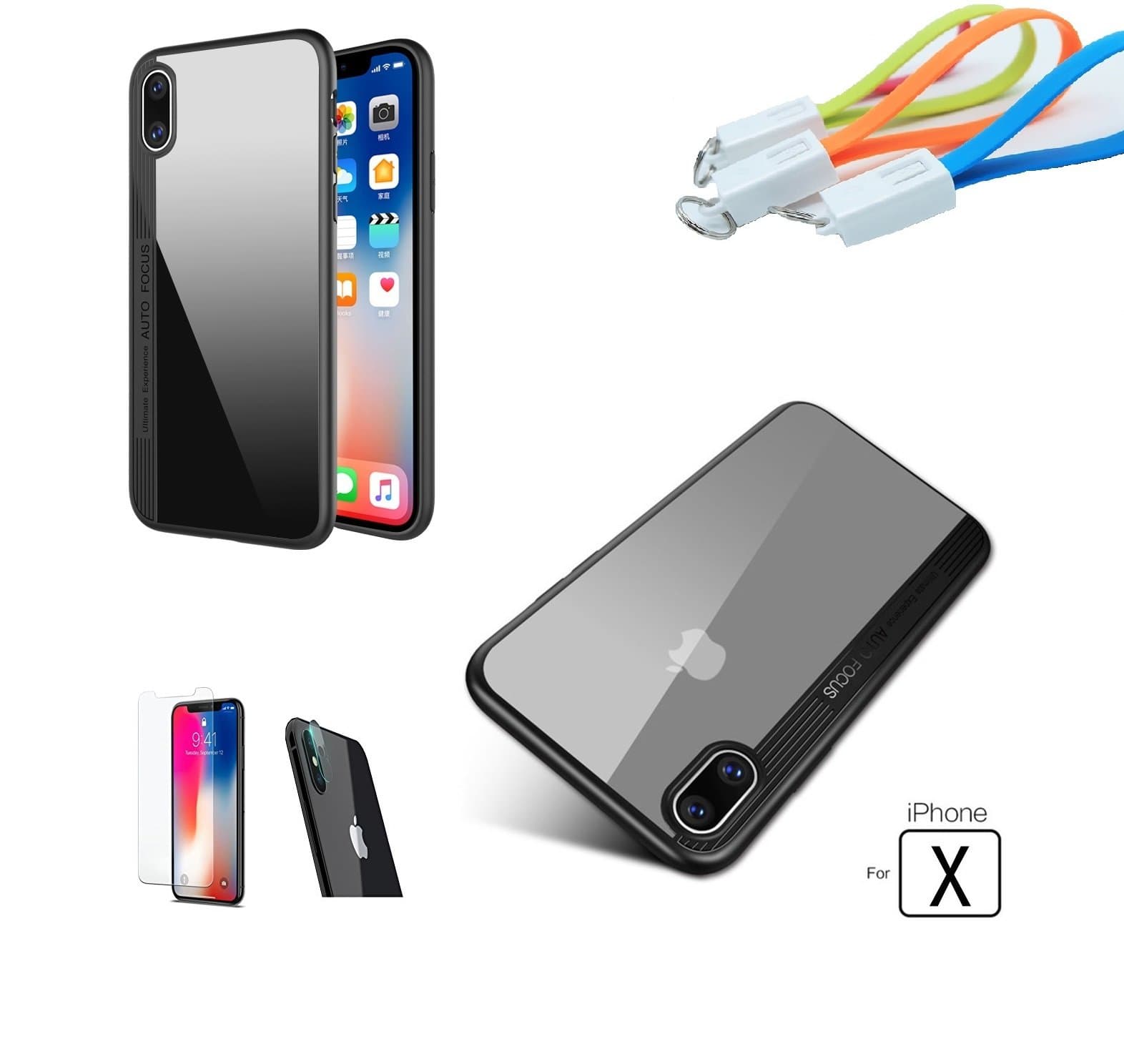 iPhone X/10 Slim case Value Package Includes a Minimalistic Protective case, a Tempered Glass Screen Protector & a Camera Lens Protector, Plus a Free Key Chain Style USB Charging Cable!