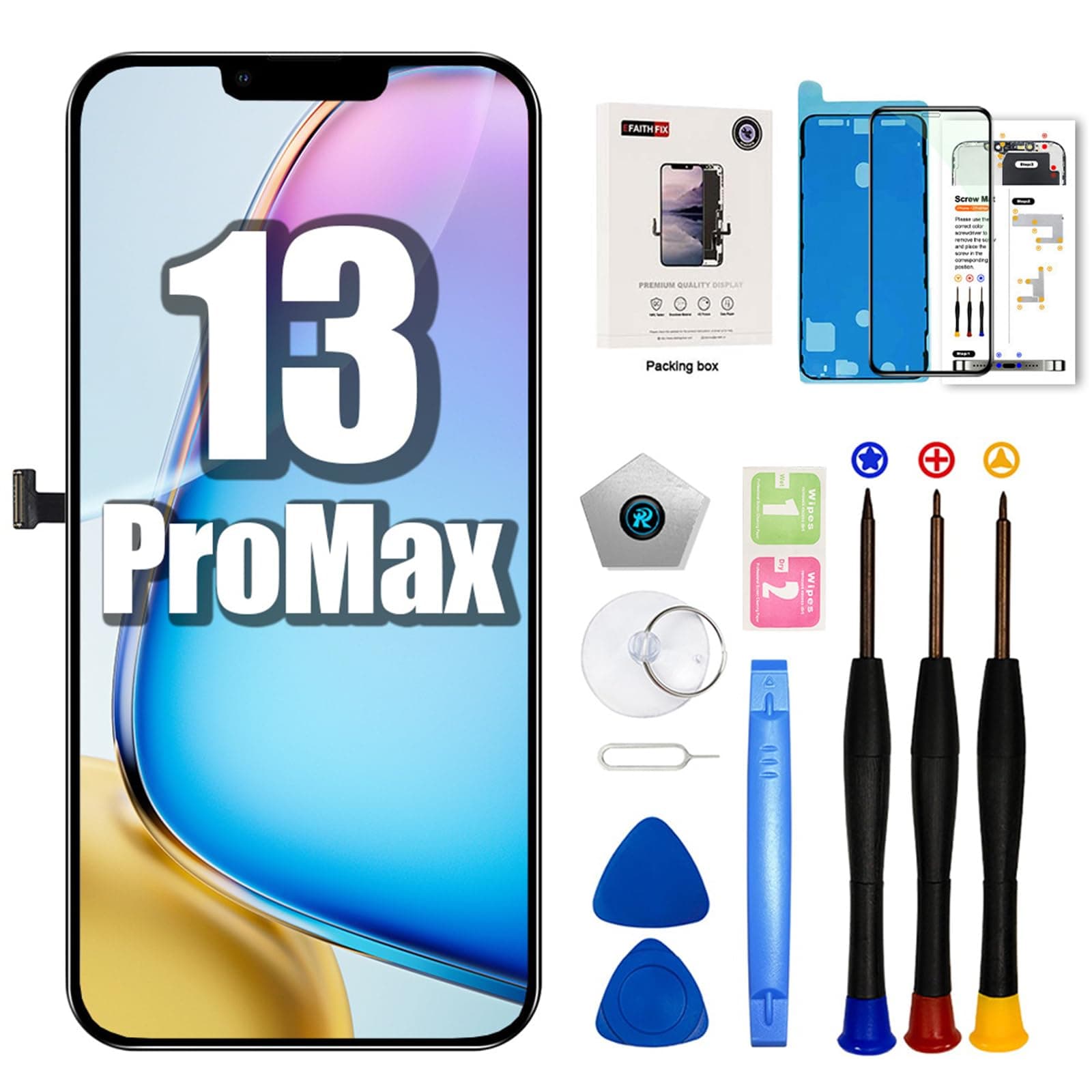EFAITHFIX for iPhone 13 Pro Max Screen Replacement 6.7 Inch LCD 3D Touch Display Full HD Digitizer Frame Assembly (A2484 A2641 A2643 A2644 A2645) with Repair Tools Screen Protector Waterproof Adhesive