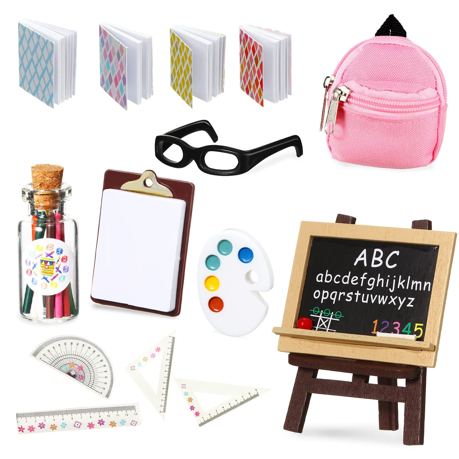 Chalyna Zomiboo 14 Pcs Mini Doll School Supplies Miniature Dollhouse Stuff Accessories for 11.5 Inch Doll DIY Toy Set Include Miniature Book Backpack Glasses Blackboard Pencil Ruler(Chic Style)
