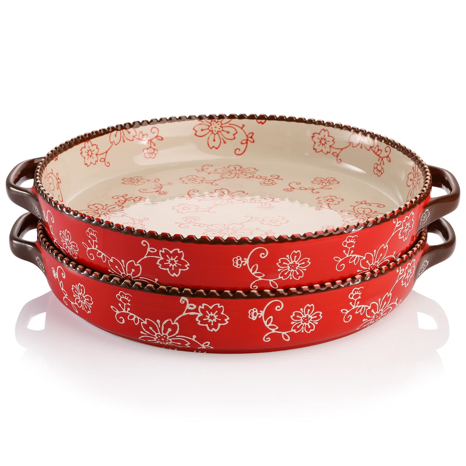 AVLA 2 Pack Ceramic Pie Pan, 9 Inch Round Baking Dish with Double Handle, 28 Ounce Deep Quiche Plate for Kitchen, Cooking, Roasting Lasagna (Sakura, Red)